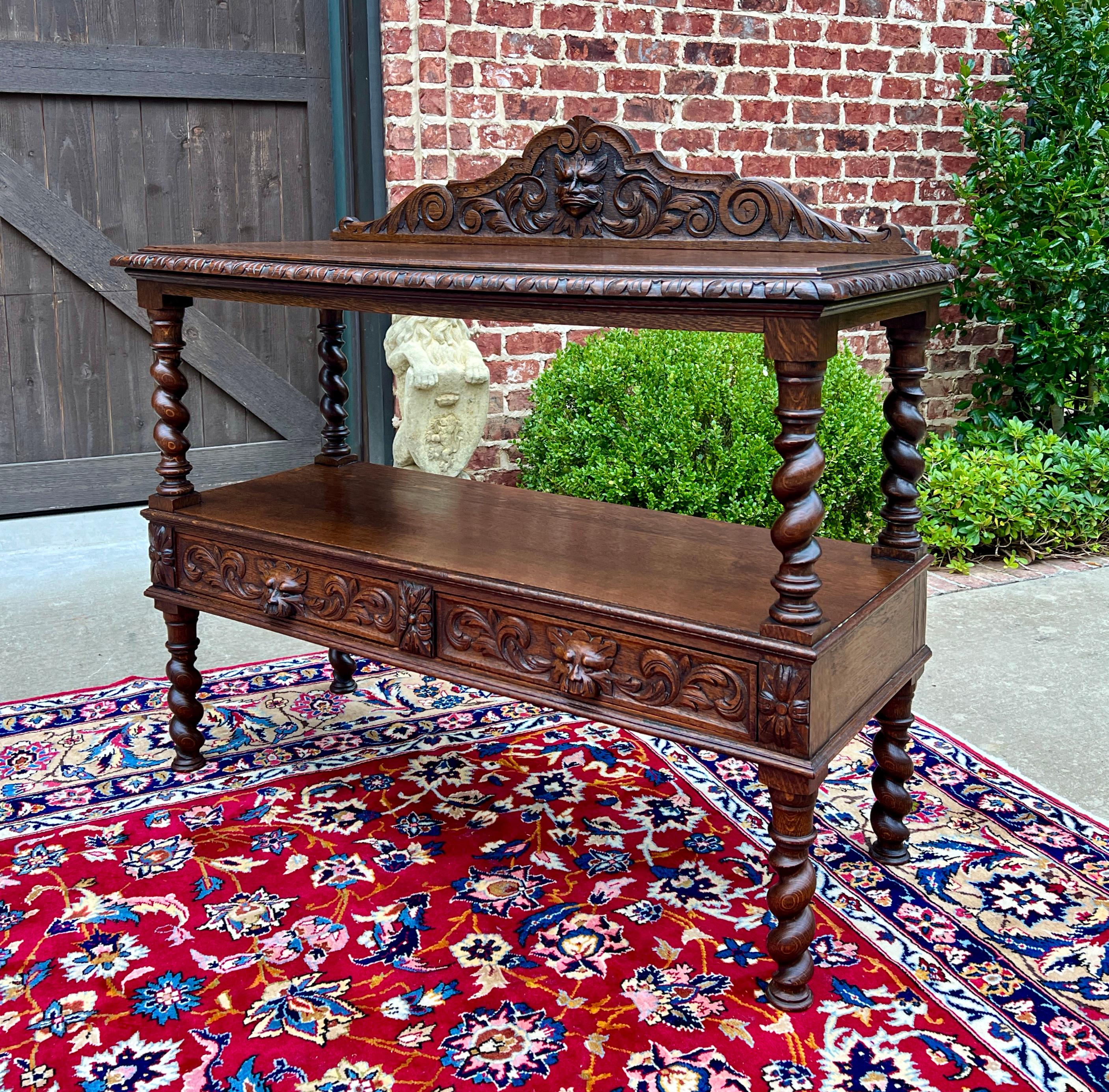 Neorinascimentale Antique French Sideboard Server Console Sofa Table Barley Twist Tiger Oak 19C in vendita