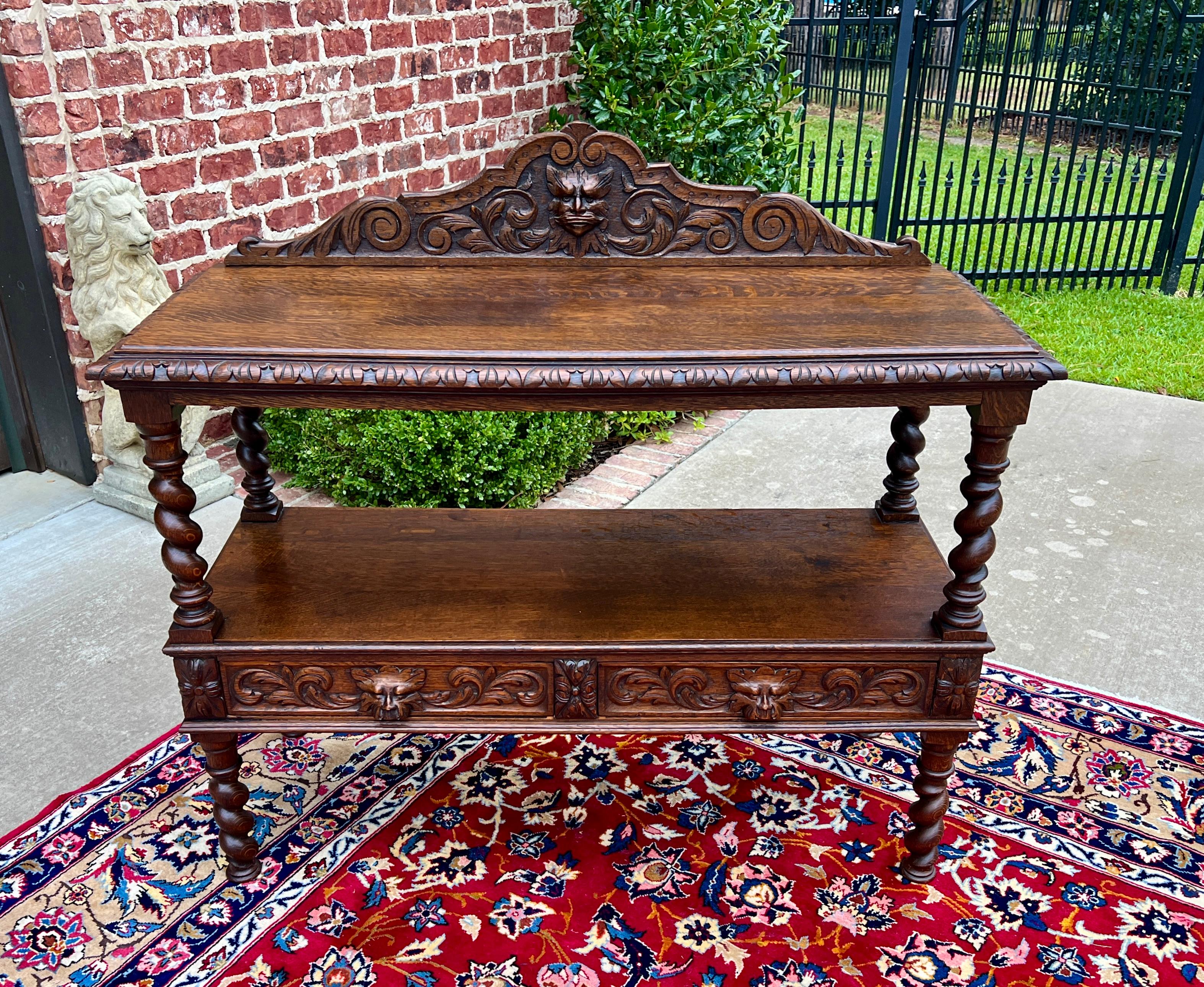 Intagliato Antique French Sideboard Server Console Sofa Table Barley Twist Tiger Oak 19C in vendita