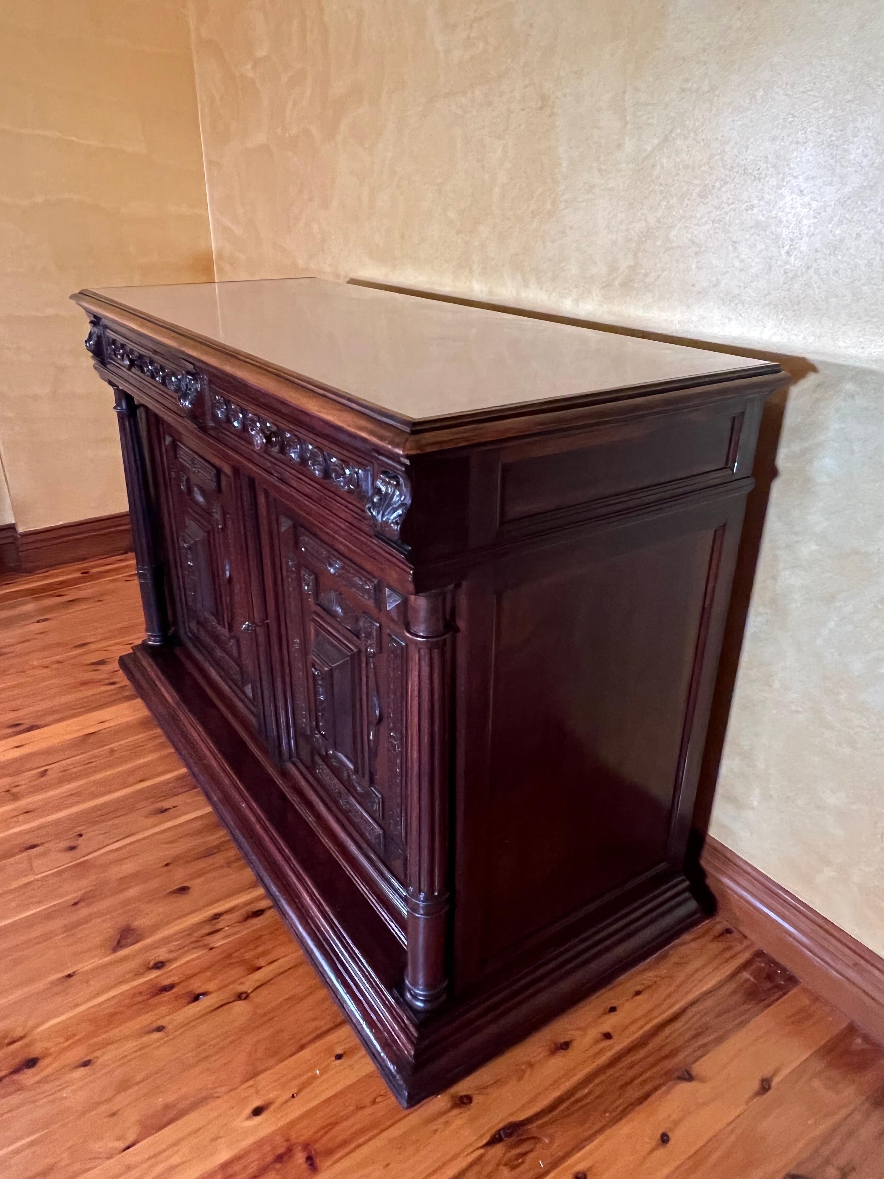 Handmade dovetails, skilfully carved detail throughout, reeded columns, comes with key, marble top, 2 drawer, 2 door.

Circa:1880

Material: Walnut & Marble

Country of Origin: France

Measurements: 100cm high, 143cm length, 61cm deep.
