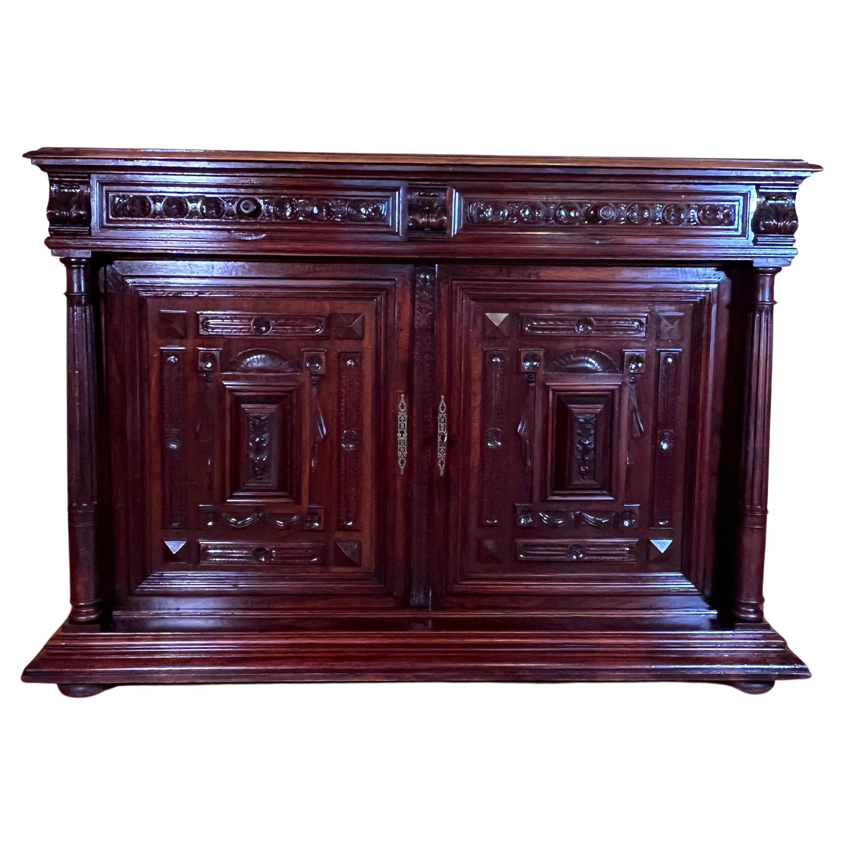 Antique French Sideboard Walnut & Stone Top Cabinet For Sale