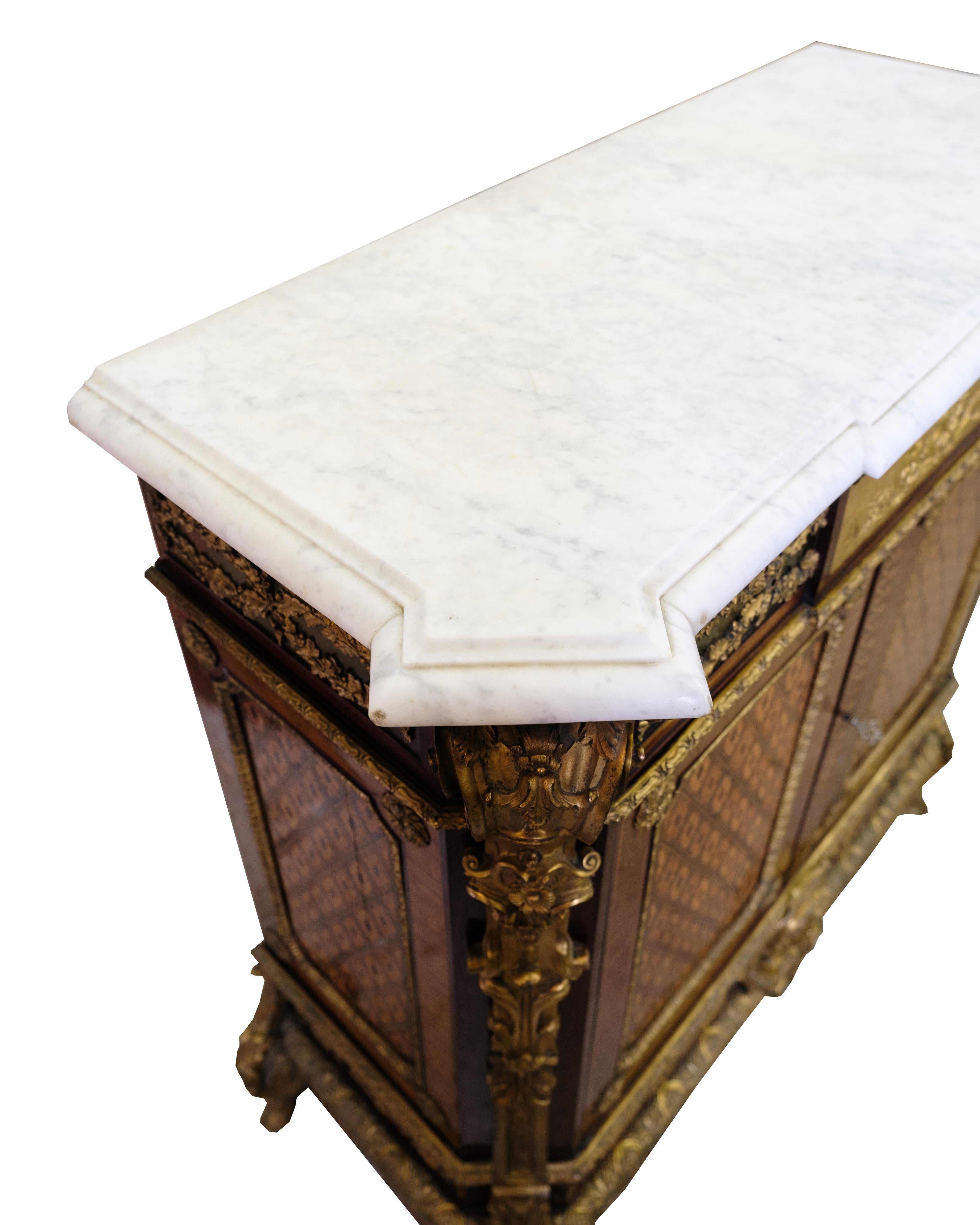 19th Century Antique French Sideboard With Marble Plate, Intarsia & Bronze