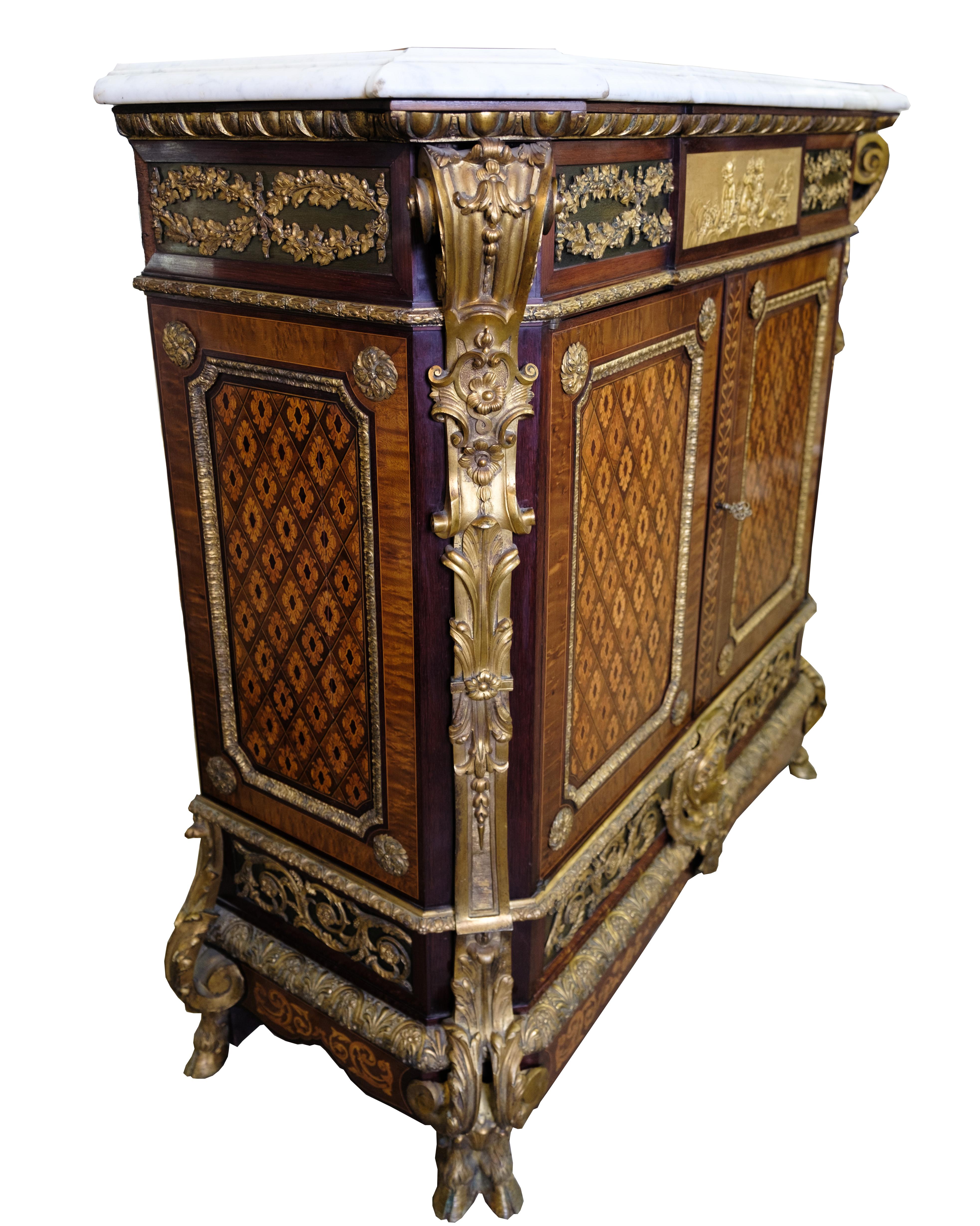 Empire Antique French Sideboard With Marble Plate, Intarsia & Bronze