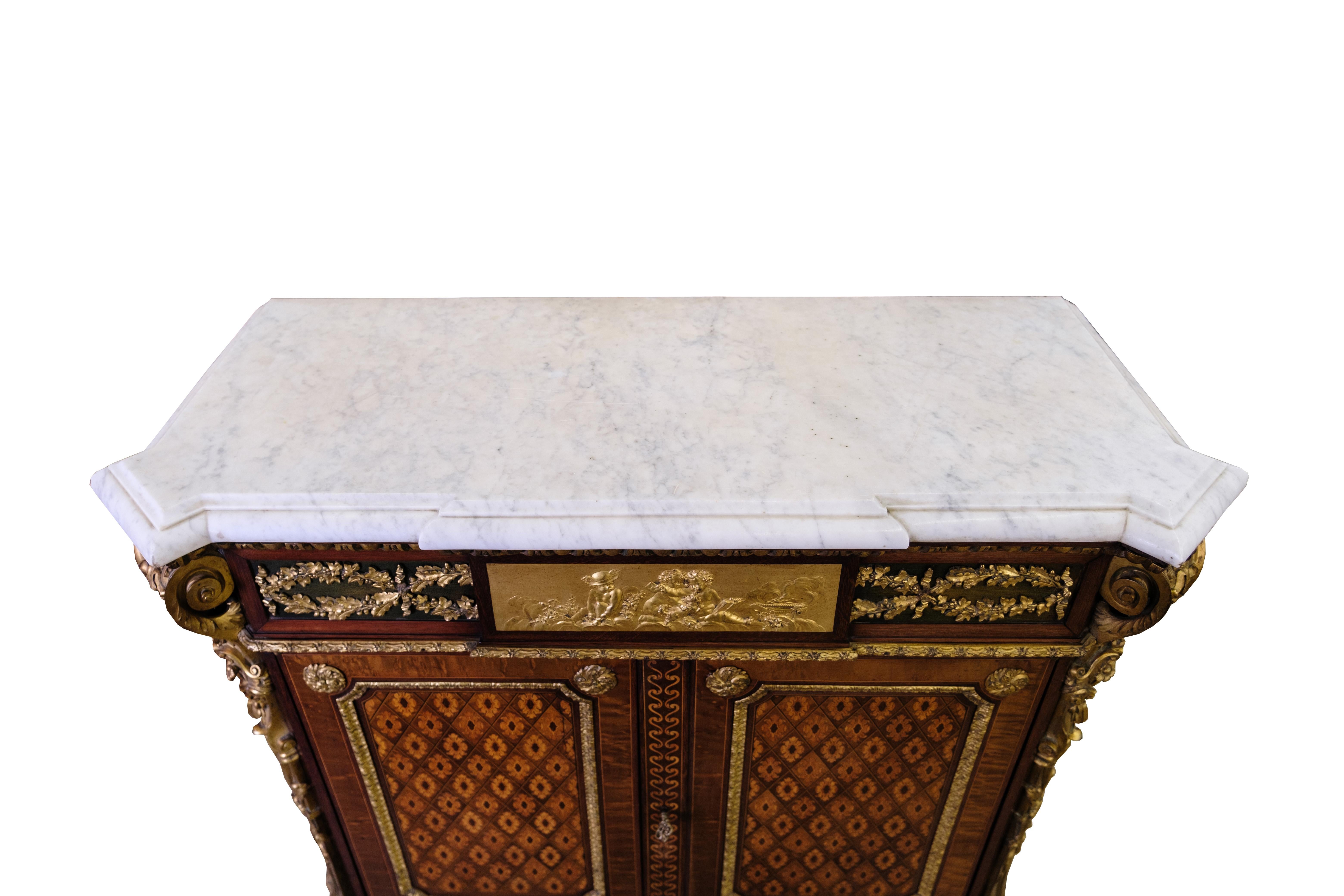 Antique French Sideboard With Marble Plate, Intarsia & Bronze In Good Condition In Lejre, DK