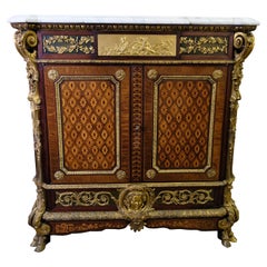 Antique French Sideboard With Marble Plate, Intarsia & Bronze