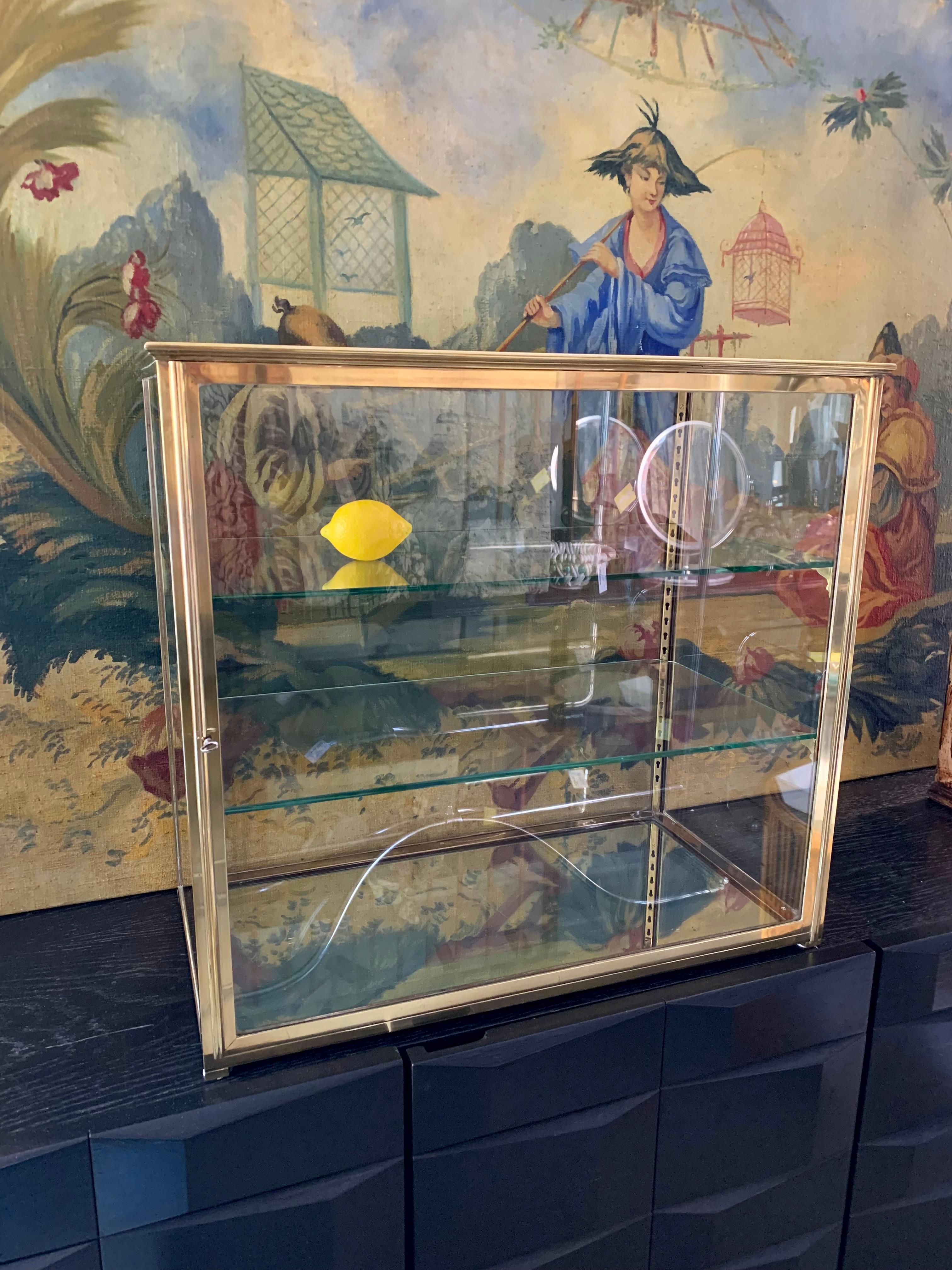 Beautiful antique French display cabinet - brass vitrine made by renowned maker parisien Siegel. The table vitrine has 2 adjustable shelves and many elegant brass details.
