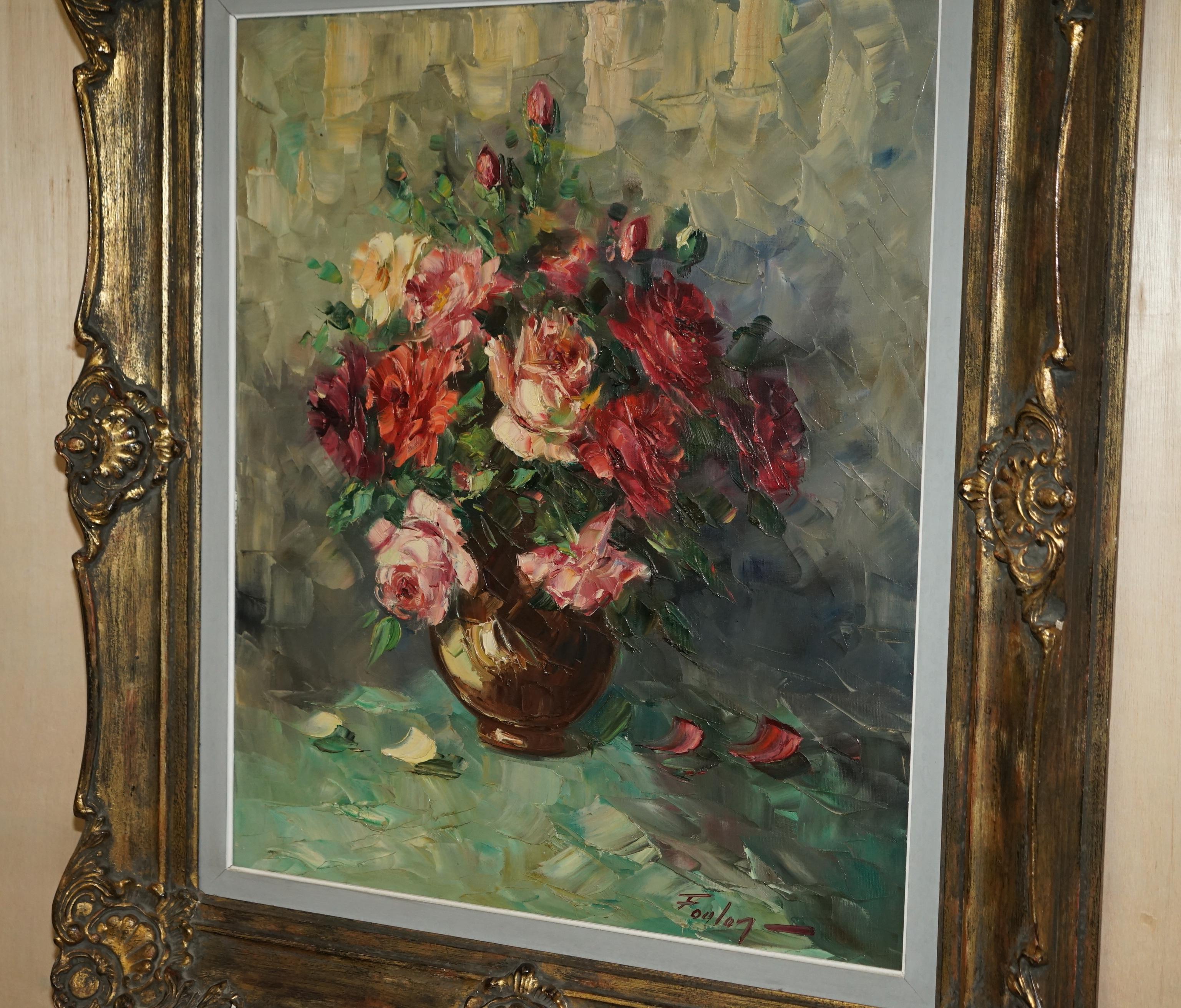 Royal House Antiques

Royal House Antiques is delighted to offer for sale this lovely original antique French oil panting of flowers which has been painted using a palette knife, signed Fouley

A very good looking and decorative oil painting, this