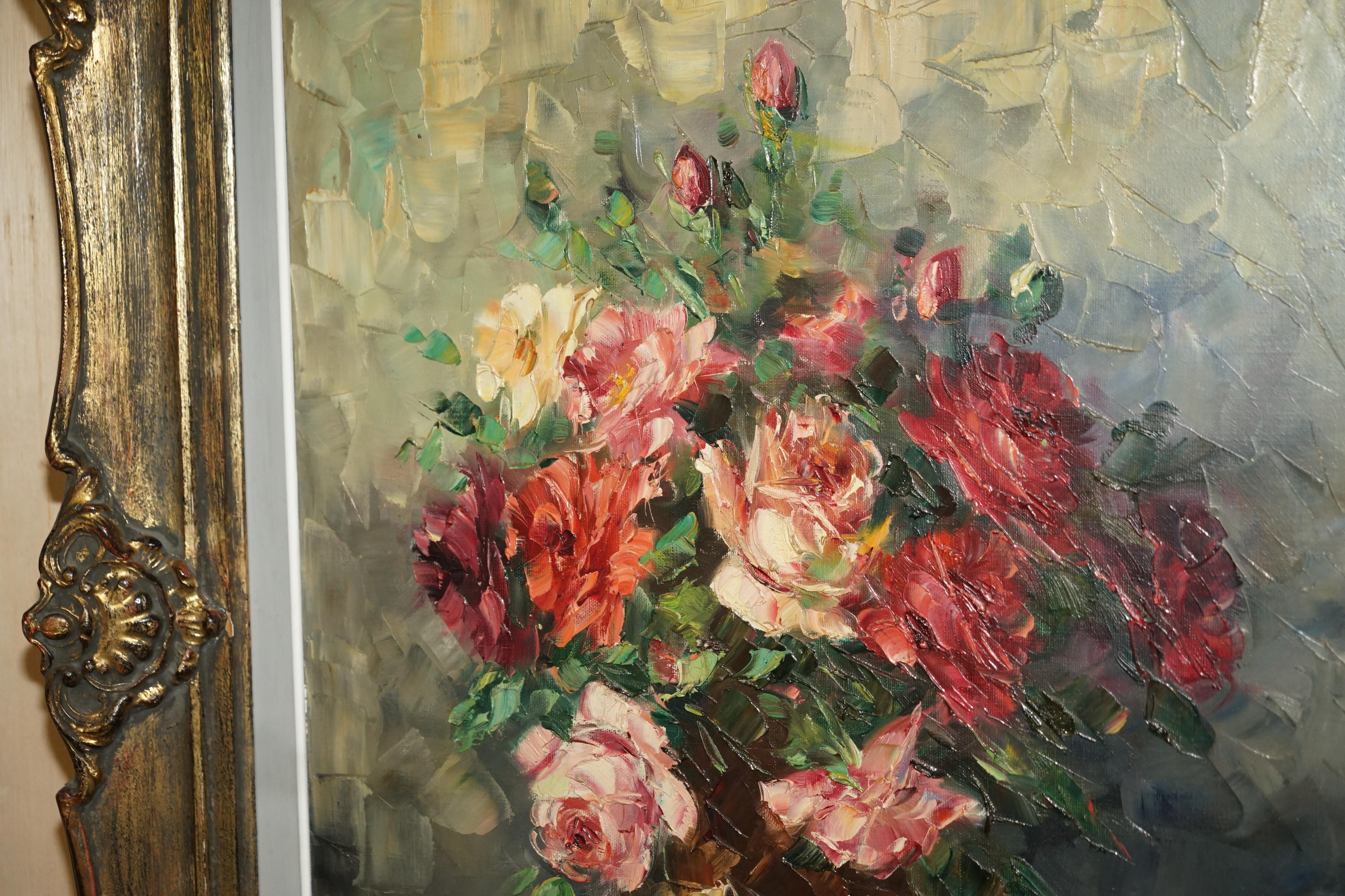 Victorian ANTIQUE FRENCH SiGNED FOULEY OIL PAINTING OF FLOWERS DONE WITH PALETTE KNIFE For Sale