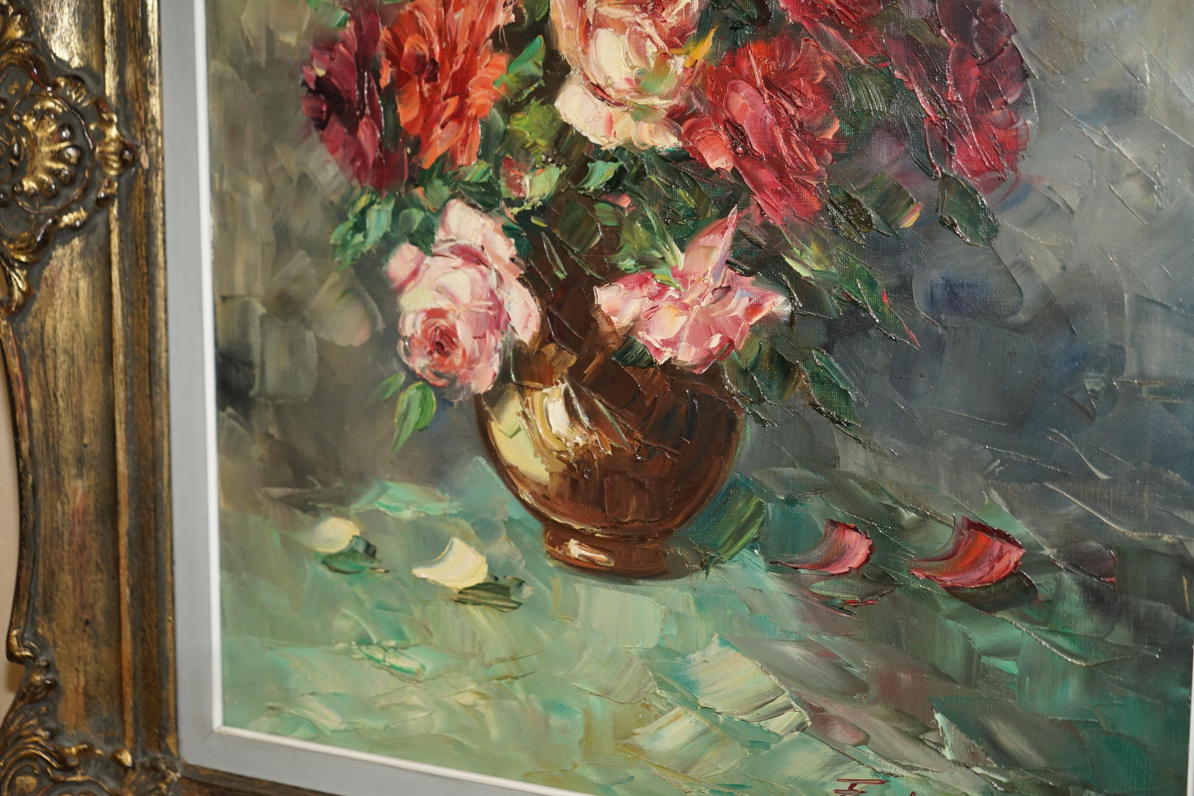Hand-Painted ANTIQUE FRENCH SiGNED FOULEY OIL PAINTING OF FLOWERS DONE WITH PALETTE KNIFE For Sale