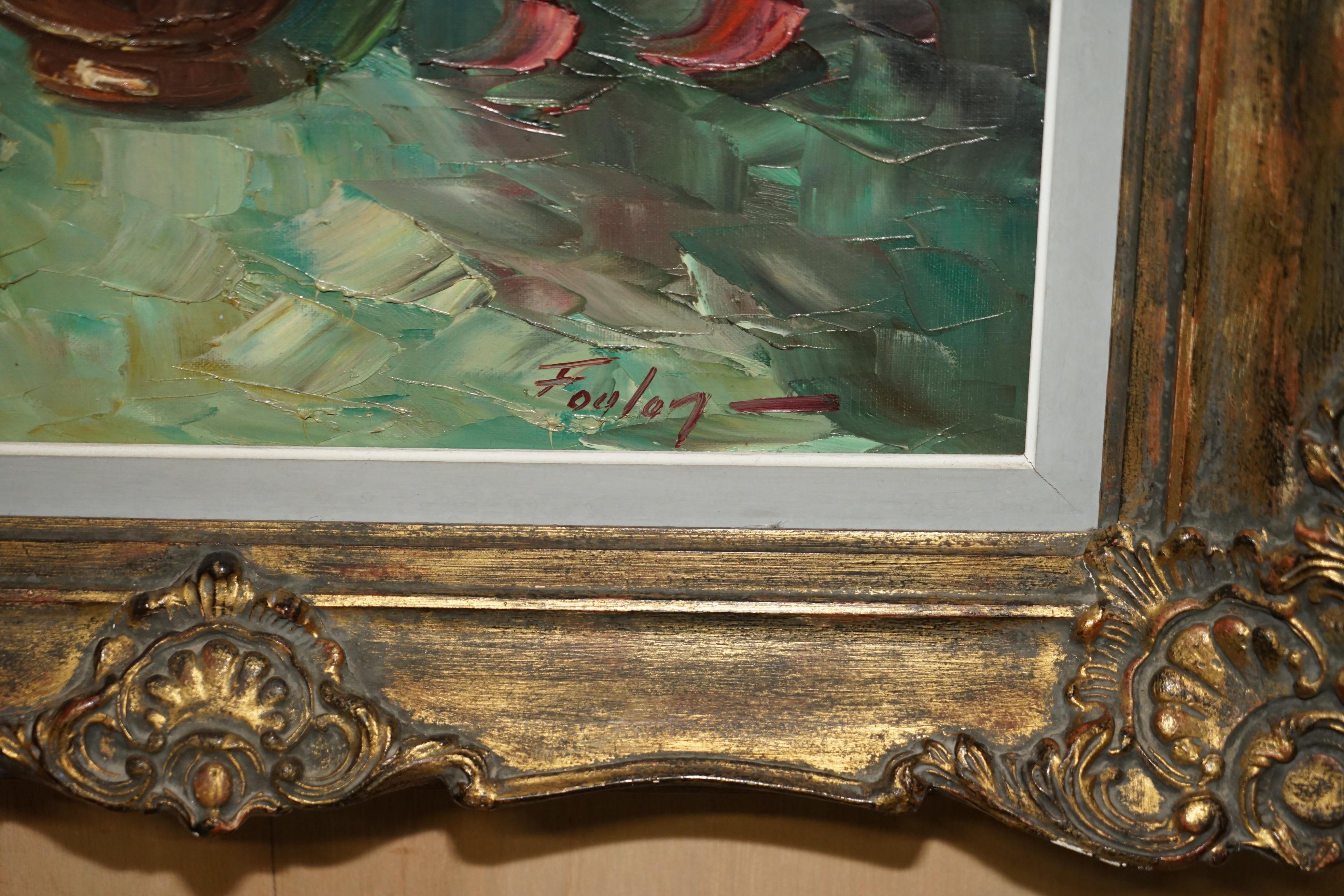 Late 19th Century ANTIQUE FRENCH SiGNED FOULEY OIL PAINTING OF FLOWERS DONE WITH PALETTE KNIFE For Sale