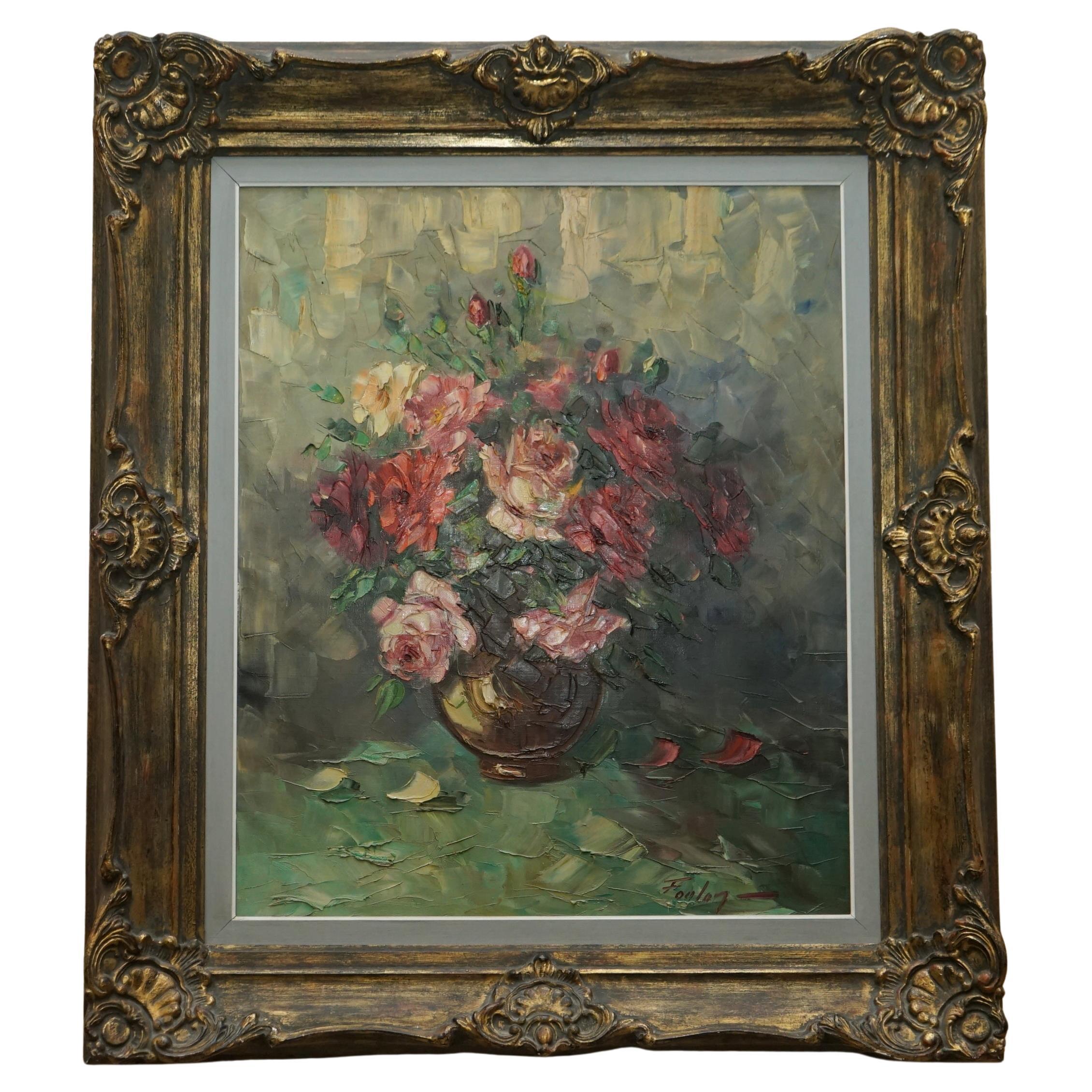 ANTIQUE FRENCH SiGNED FOULEY OIL PAINTING OF FLOWERS DONE WITH PALETTE KNIFE For Sale