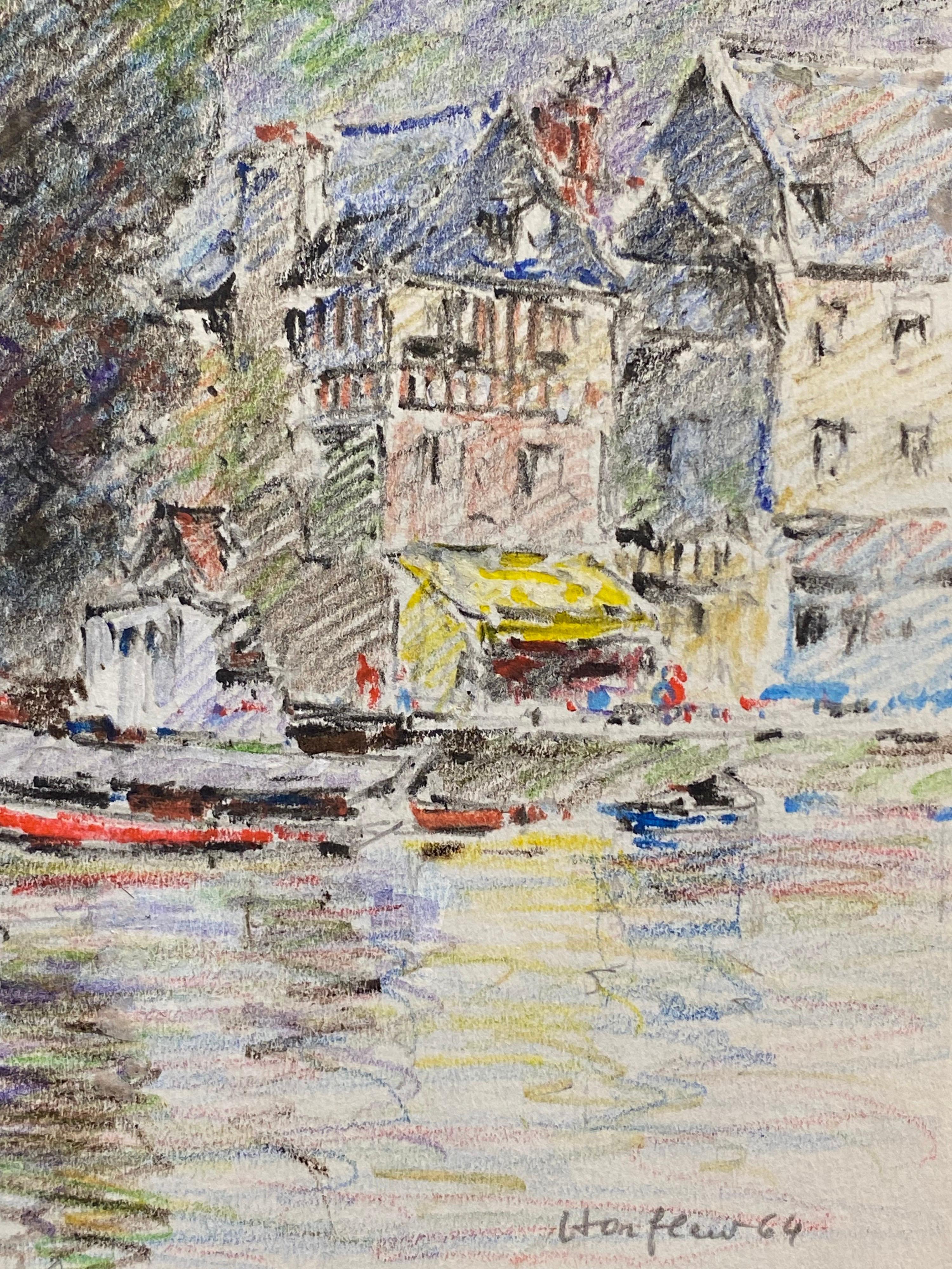 Antique French Signed Impressionist Crayon Drawing Boats in Honfleur Harbour In Excellent Condition For Sale In Cirencester, GB