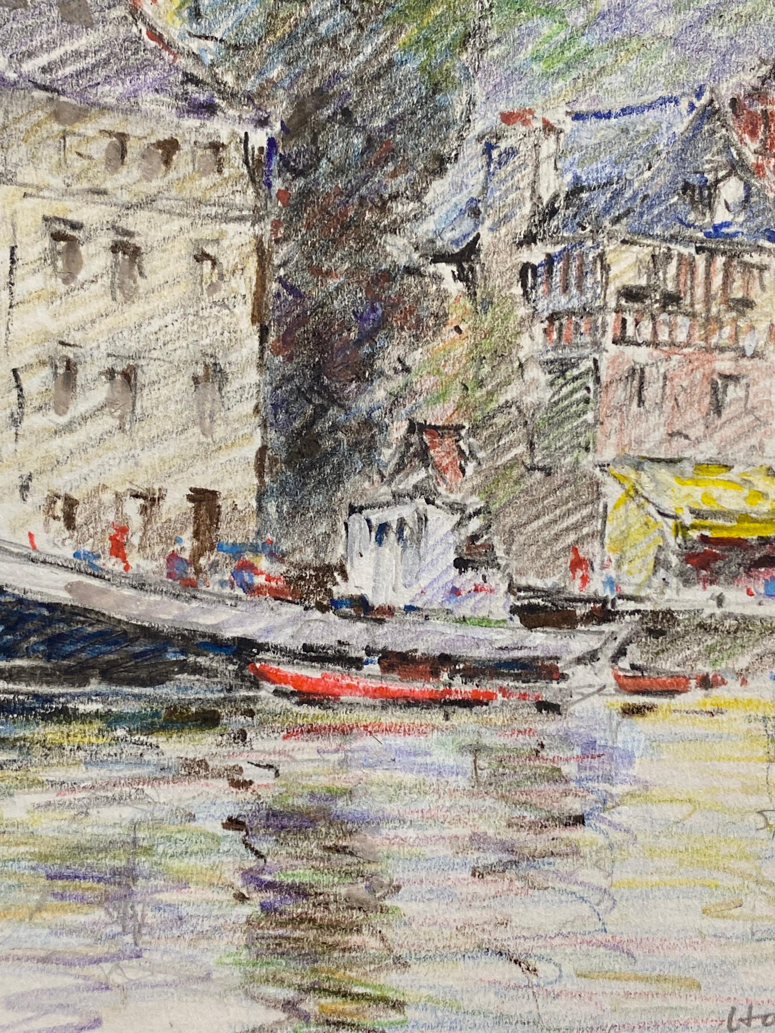 20th Century Antique French Signed Impressionist Crayon Drawing Boats in Honfleur Harbour For Sale