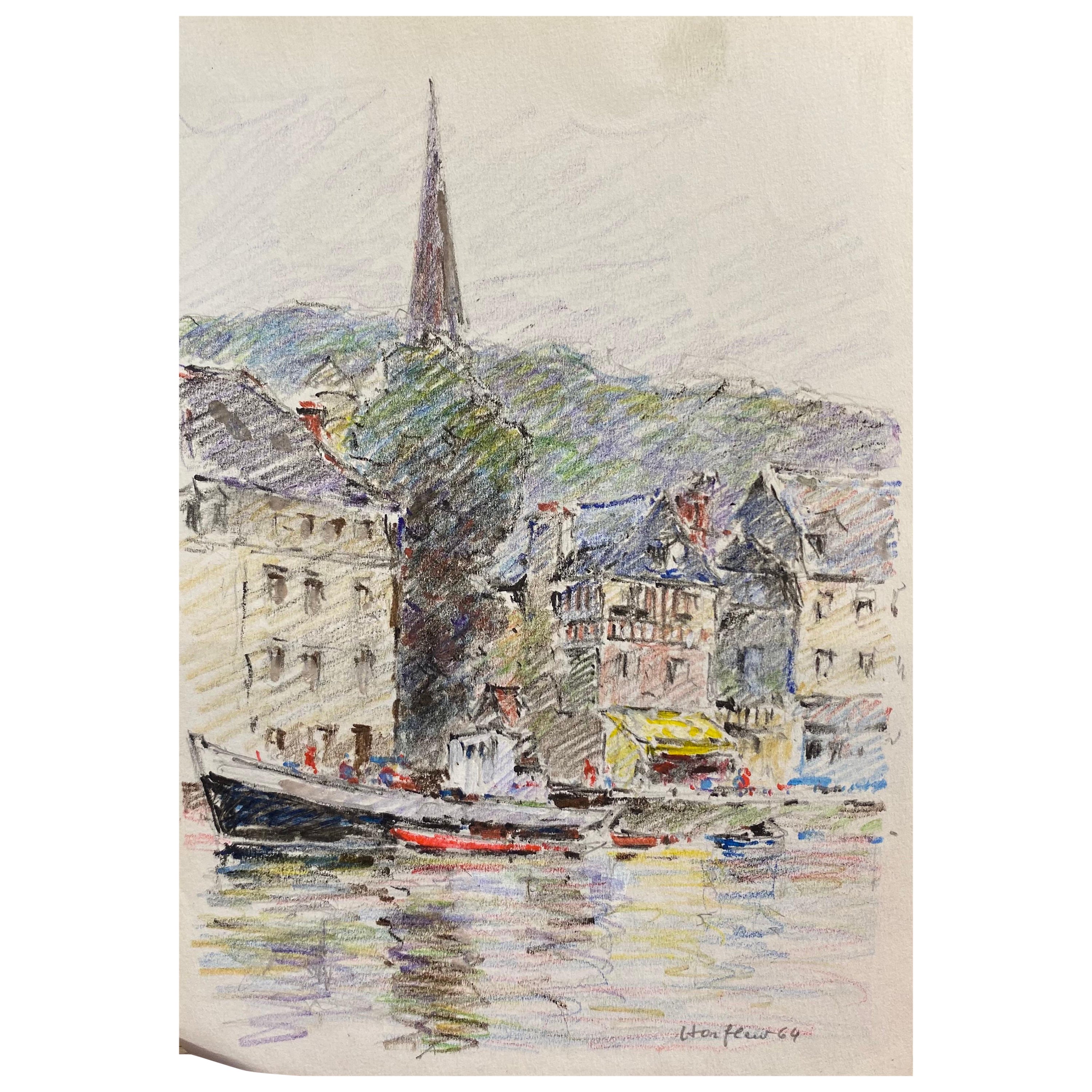 Antike französische signierte impressionistische Kreide-Zeichnungsboote in Honfleur- Hafen, signiert im Angebot