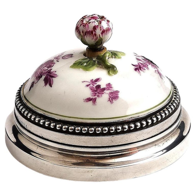 Antique French silver and Ceramic door bell push, Bell ringer For Sale