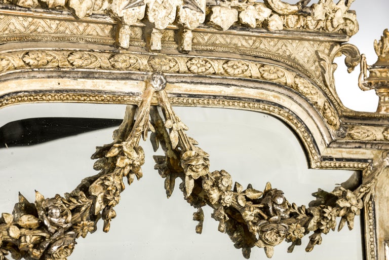 20th Century Antique French Silver and Gold Leaf Louis Seize Mirror with Floral Garlands For Sale