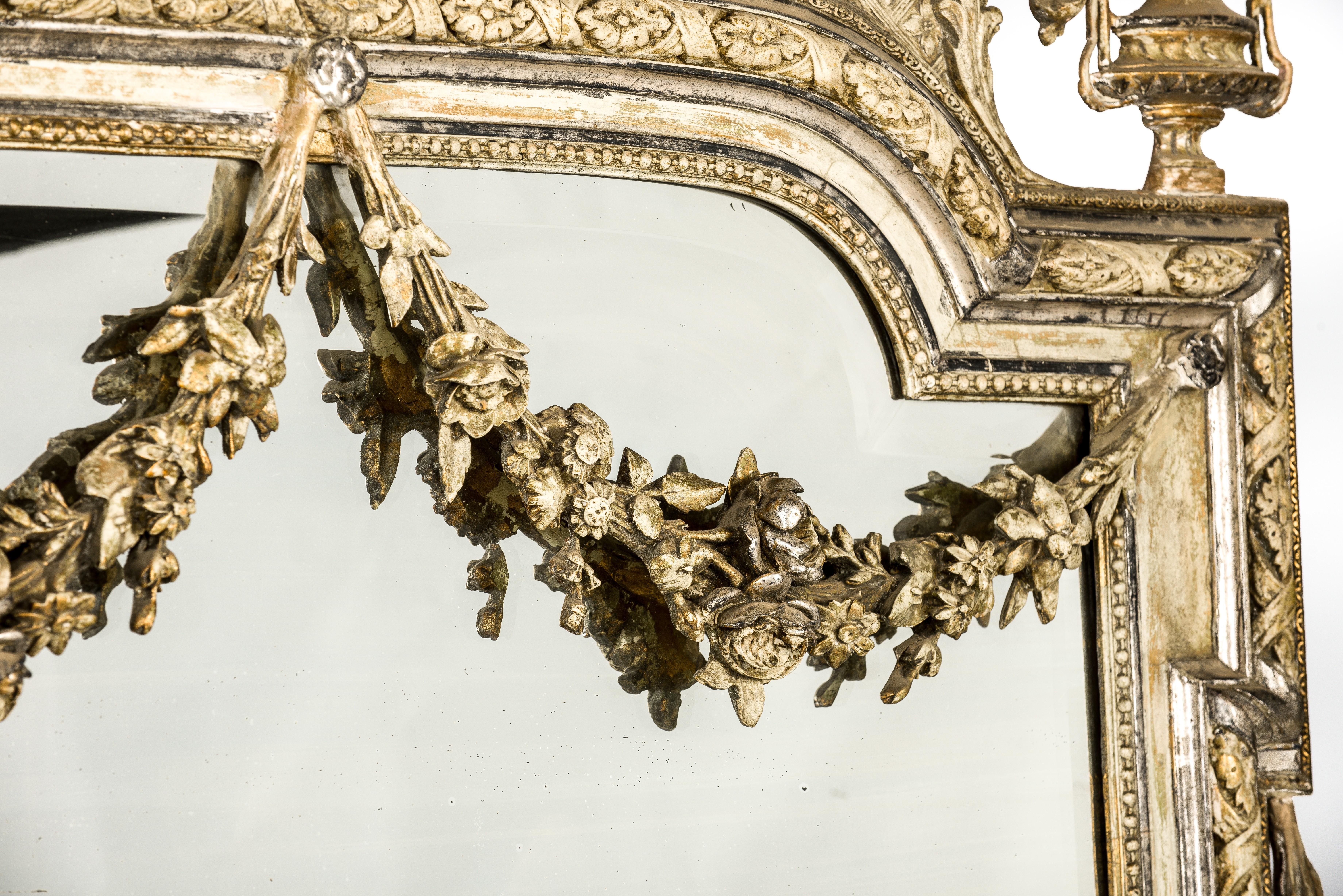 Louis XVI Antique French Silver and Gold Leaf Louis Seize Mirror with Floral Garlands For Sale