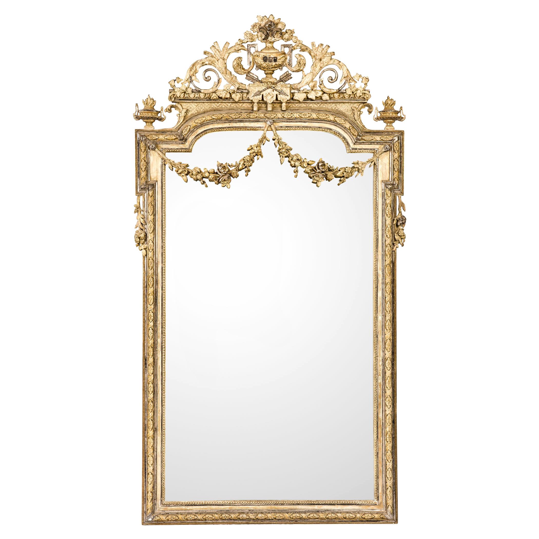 Antique French Silver and Gold Leaf Louis Seize Mirror with Floral Garlands