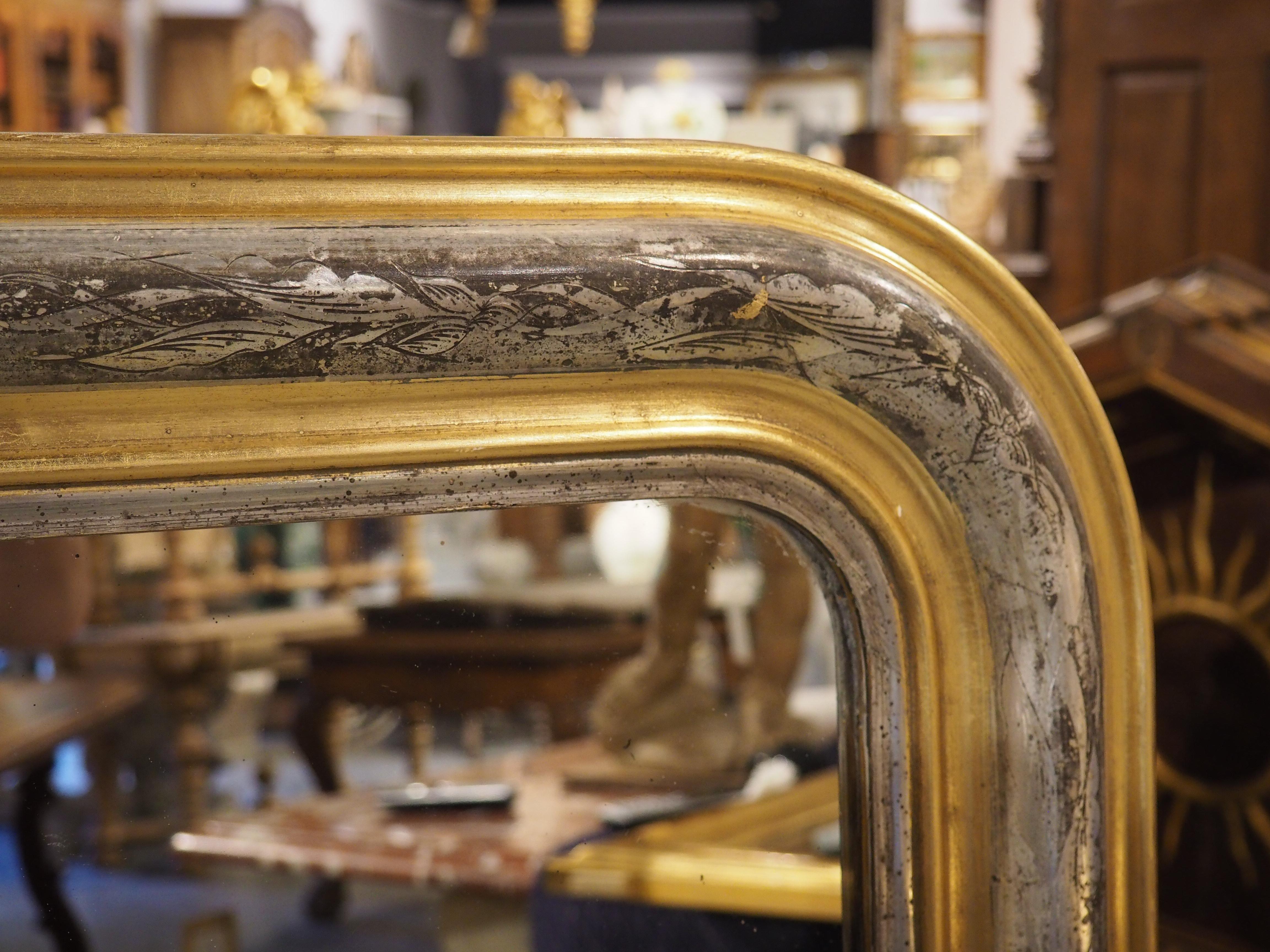 Glass Antique French Silver and Gold Louis Philippe Mirror, Floral Decor, Early 20th C