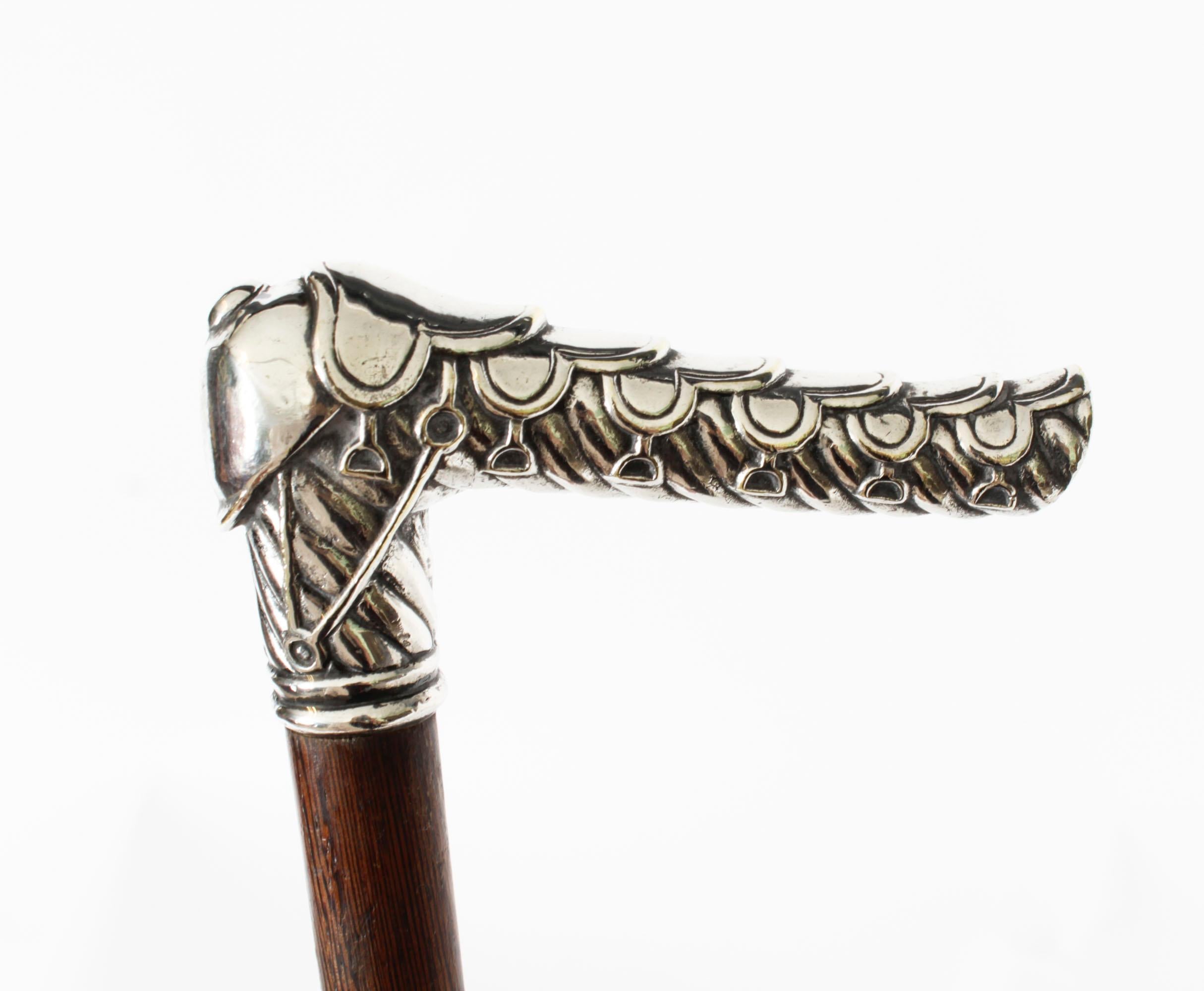 Antique French Silver Capped Saddle & Stirrup Walking Stick Cane 19th Century For Sale 1