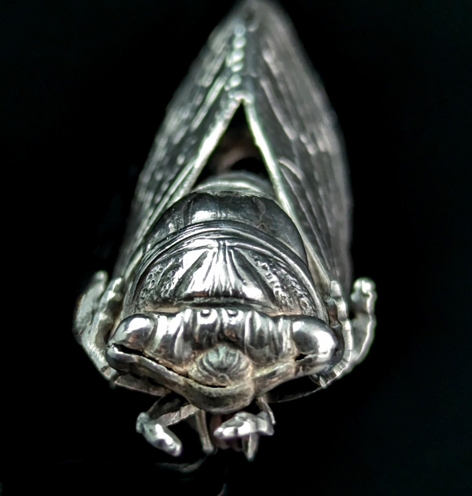 Antique French silver cicada brooch, Art Nouveau  In Good Condition For Sale In NEWARK, GB