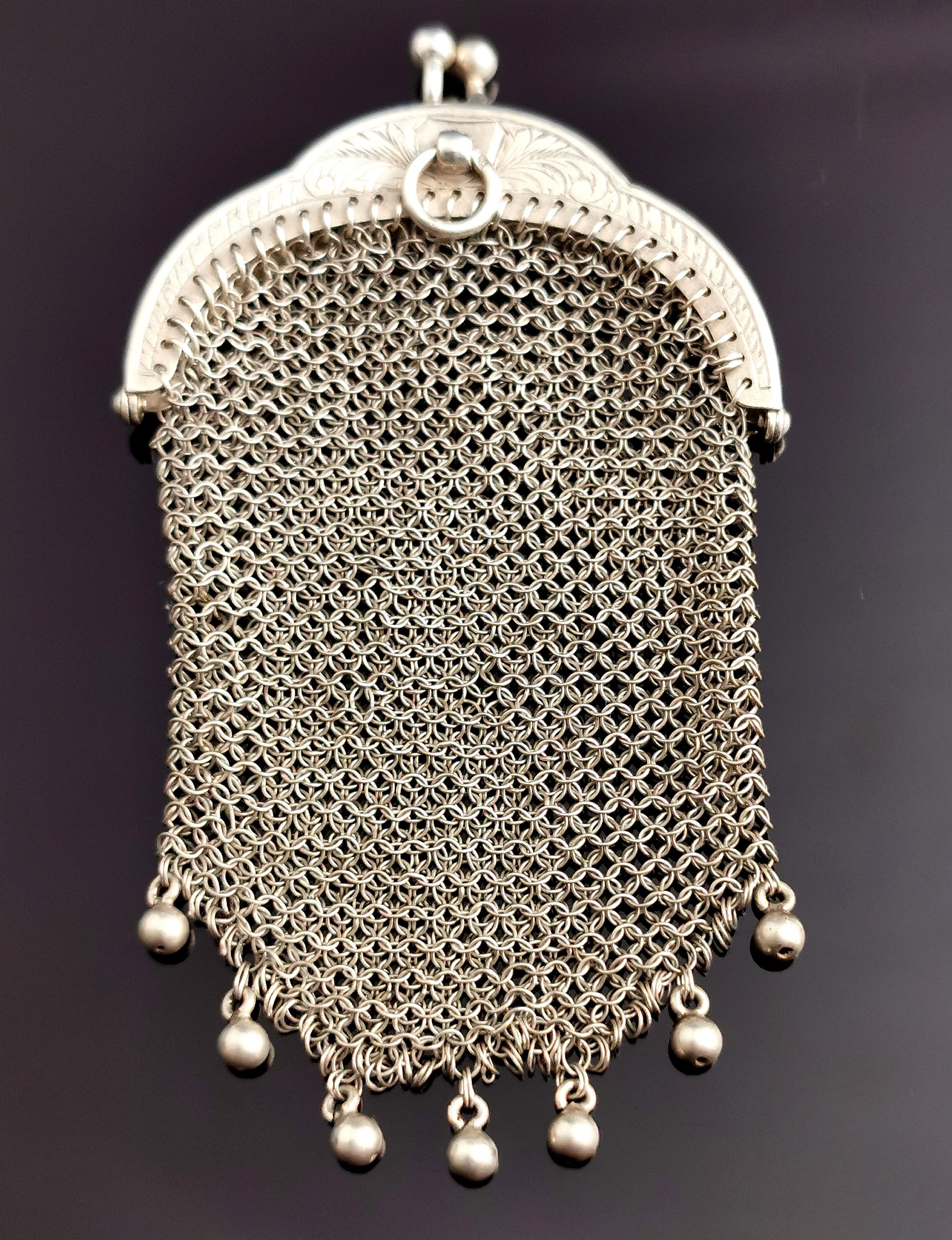 Antique French silver coin purse, Chatelaine purse, mesh  For Sale 4