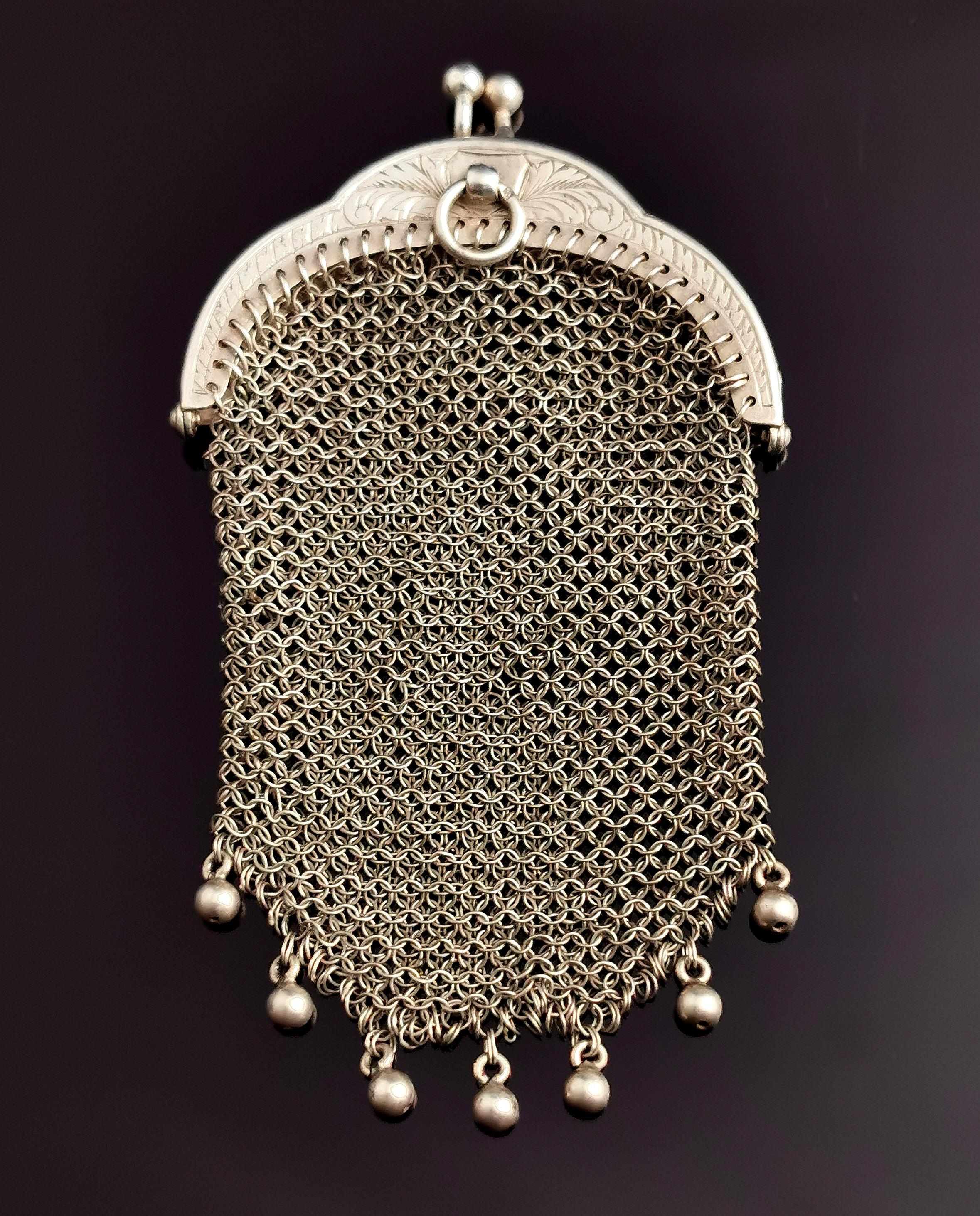 A stunning antique French silver coin purse.

The body is made up from intricately woven and delicate 800 silver mesh.

The base of the purse features a beaded fringe with 7 silver beads and it has a wonderfully pretty engraved silver frame with a