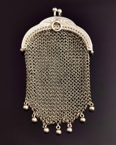 Antique French silver coin purse, Chatelaine purse, mesh