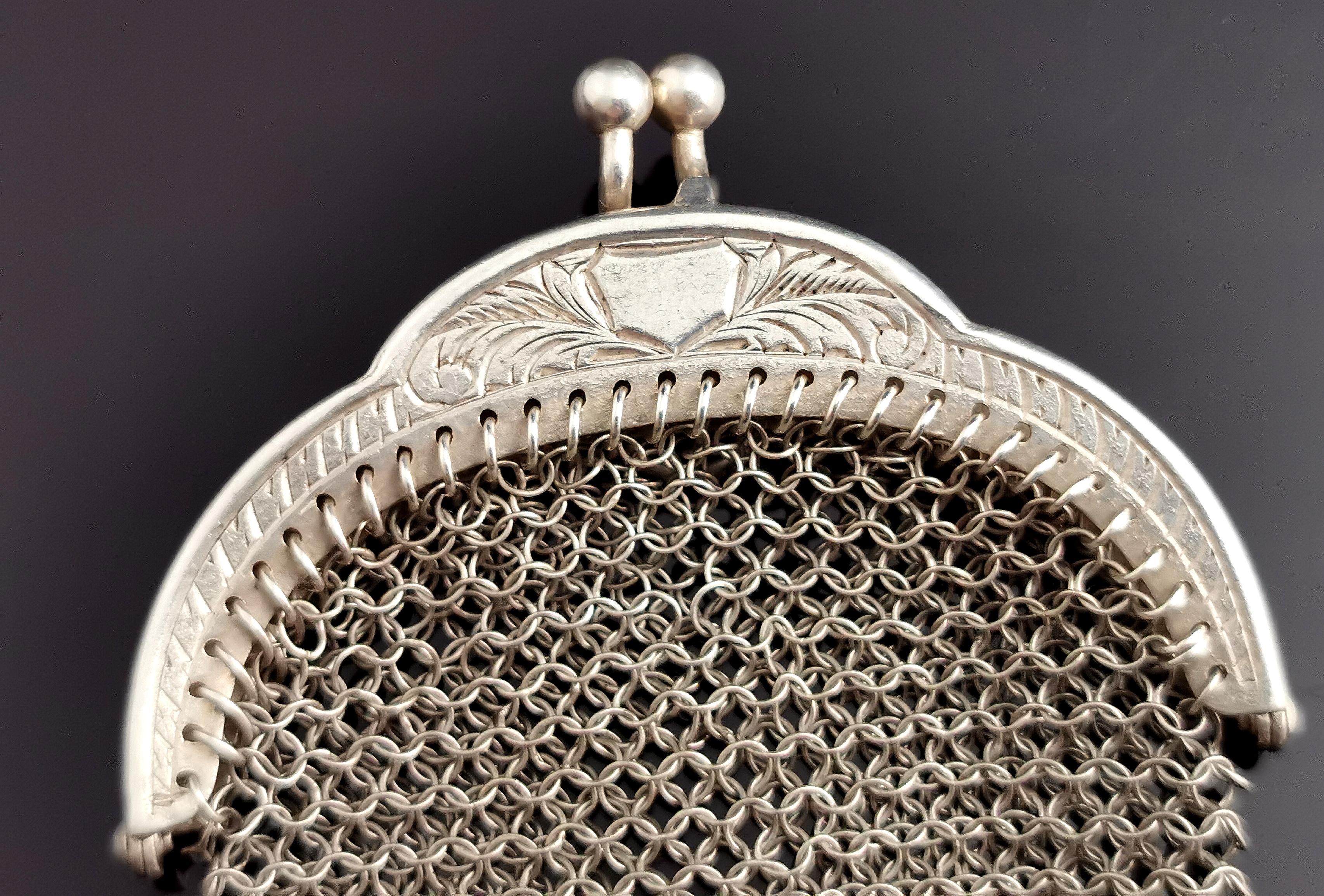 Antique French silver coin purse, Chatelaine purse, mesh  For Sale 1