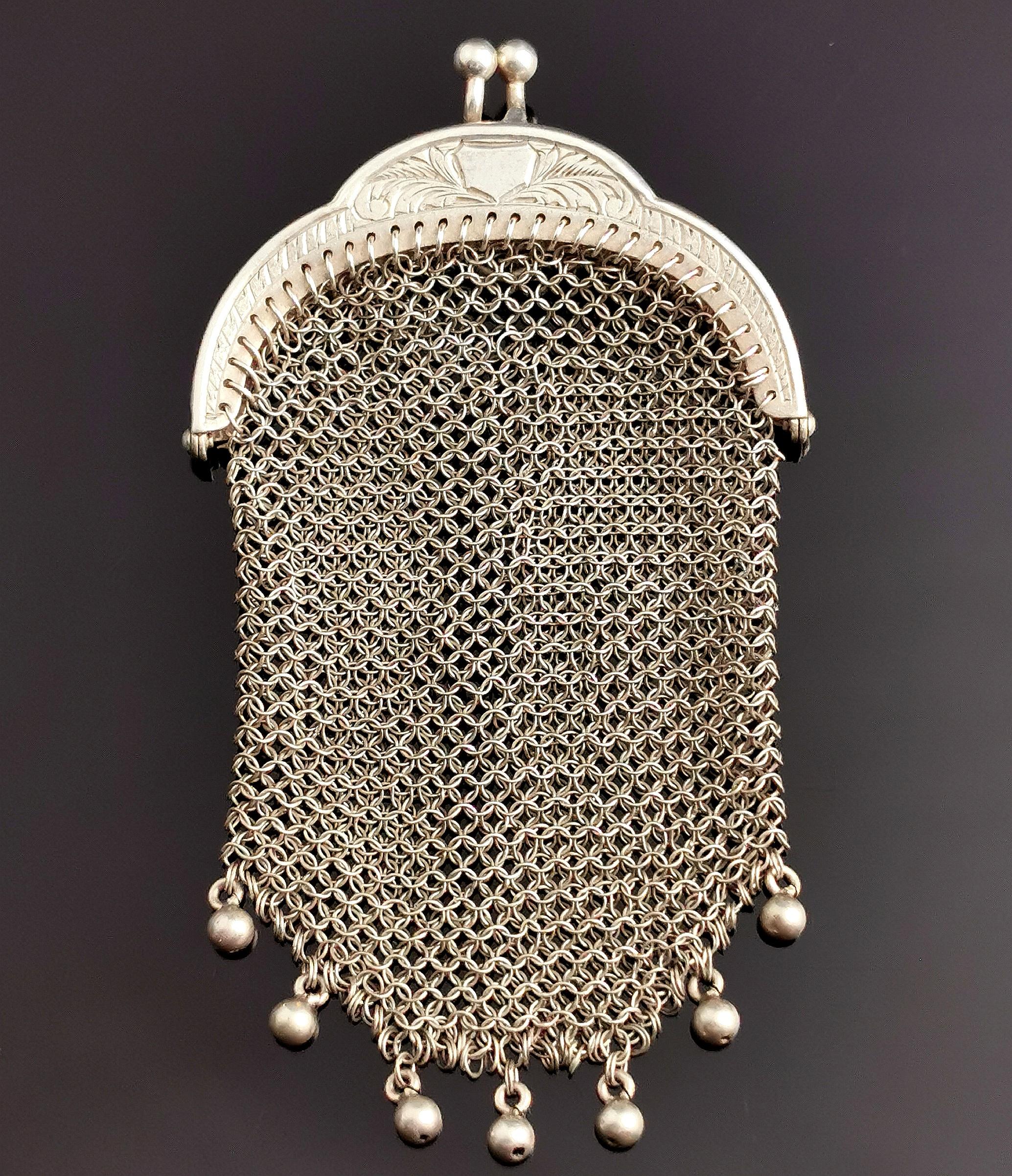 Antique French silver coin purse, Chatelaine purse, mesh  For Sale 2