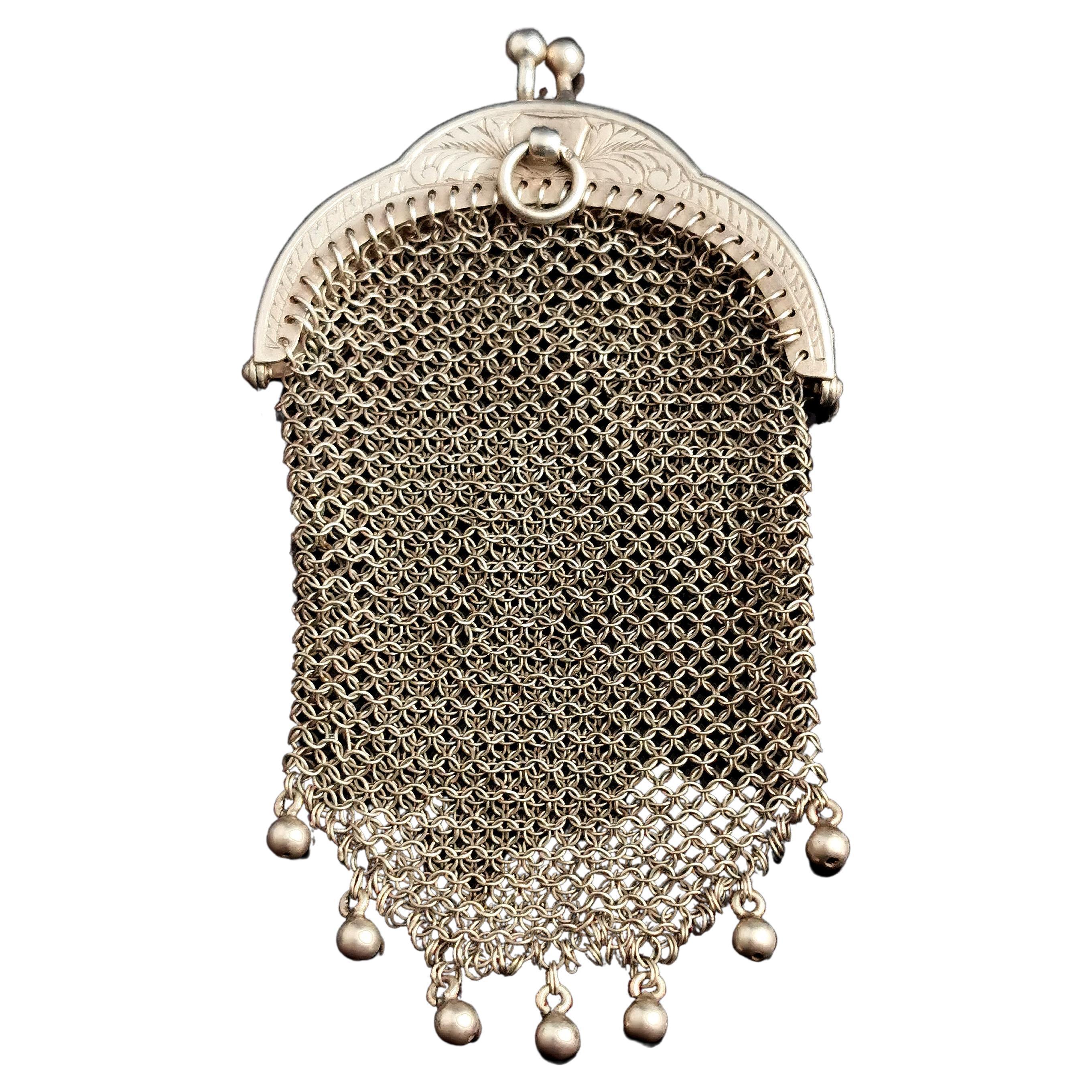 Antique French silver coin purse, Chatelaine purse, mesh  For Sale