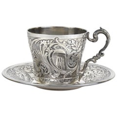 Antique French Silver Cup with Saucer 19th Century