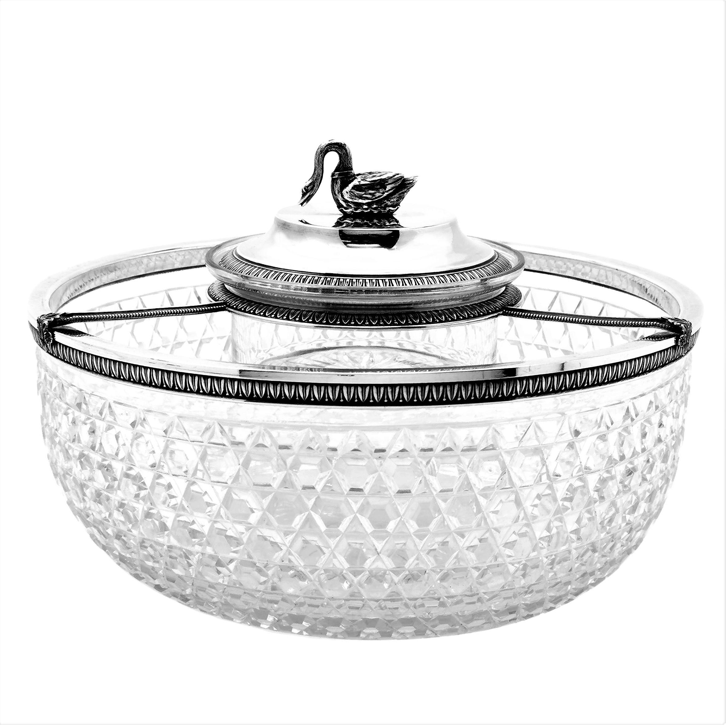 A beautiful antique French solid silver mounted cut glass caviar serving set. The large bowl has Classic hobnail pattern glass with an elegant silver rim, patterned with a subtle stylised leaf pattern. This pattern is mirrored on the removable Stand