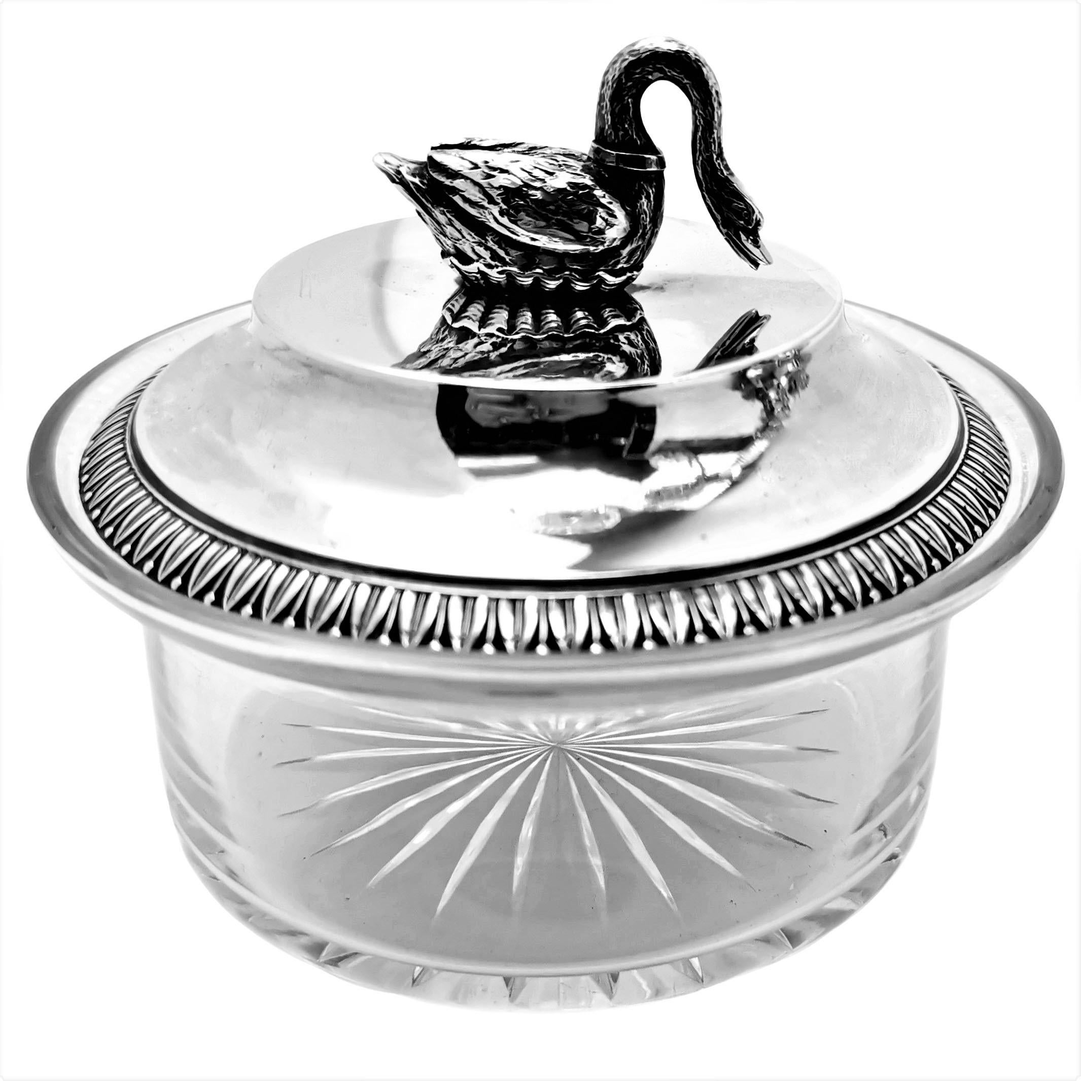 European Antique French Silver & Cut Glass Caviar Serving Set Dish Bowl, c. 1910