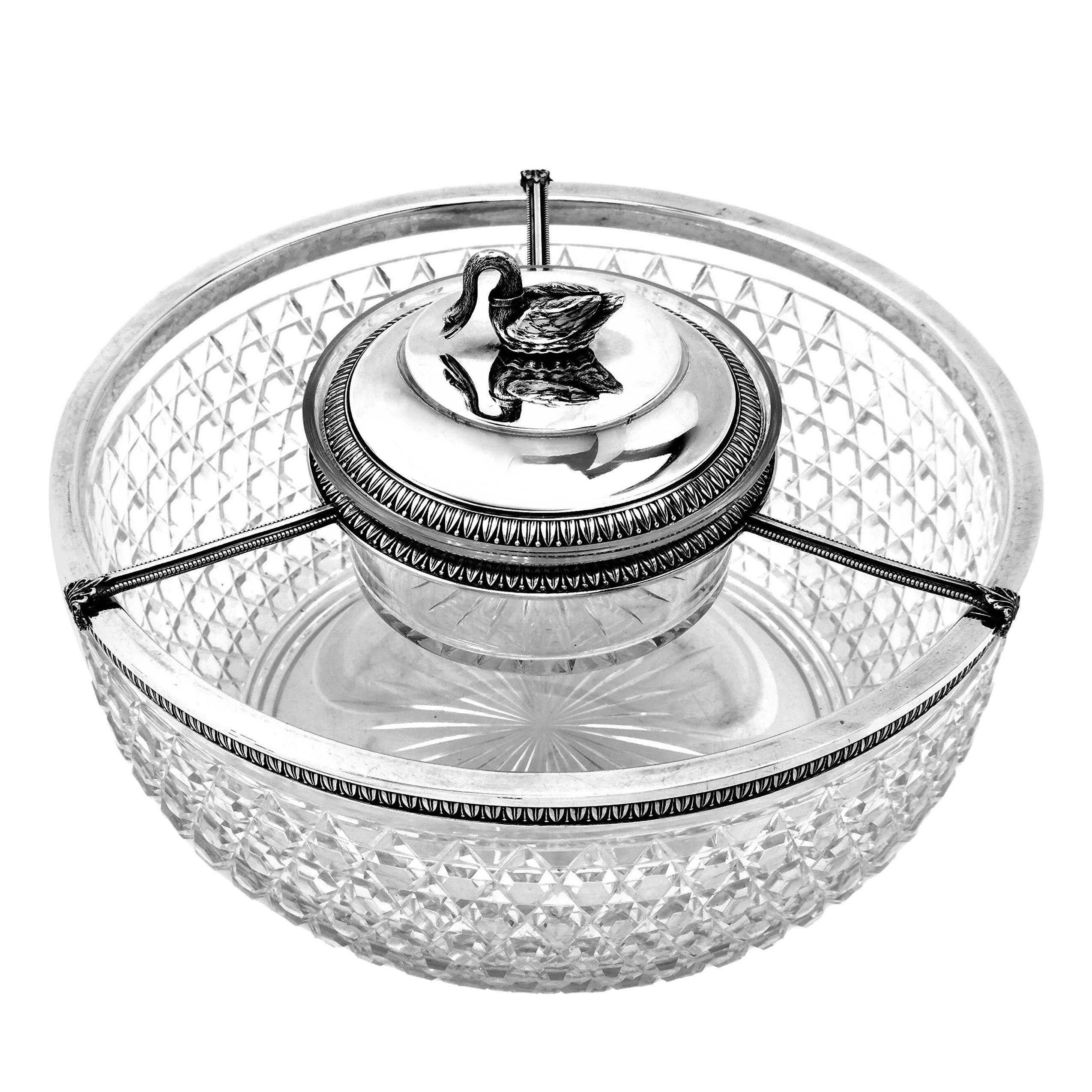 Antique French Silver & Cut Glass Caviar Serving Set Dish Bowl, c. 1910