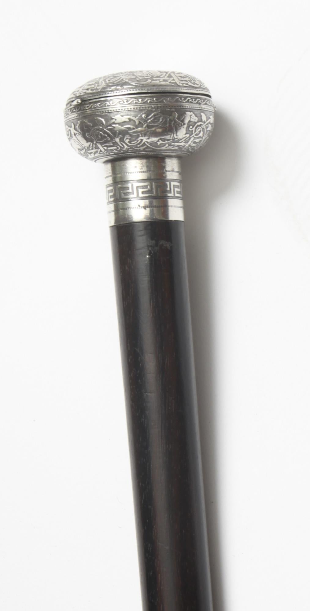 Antique French Silver & Ebonised Watch Opera Cane Walking Stick 19th C 7