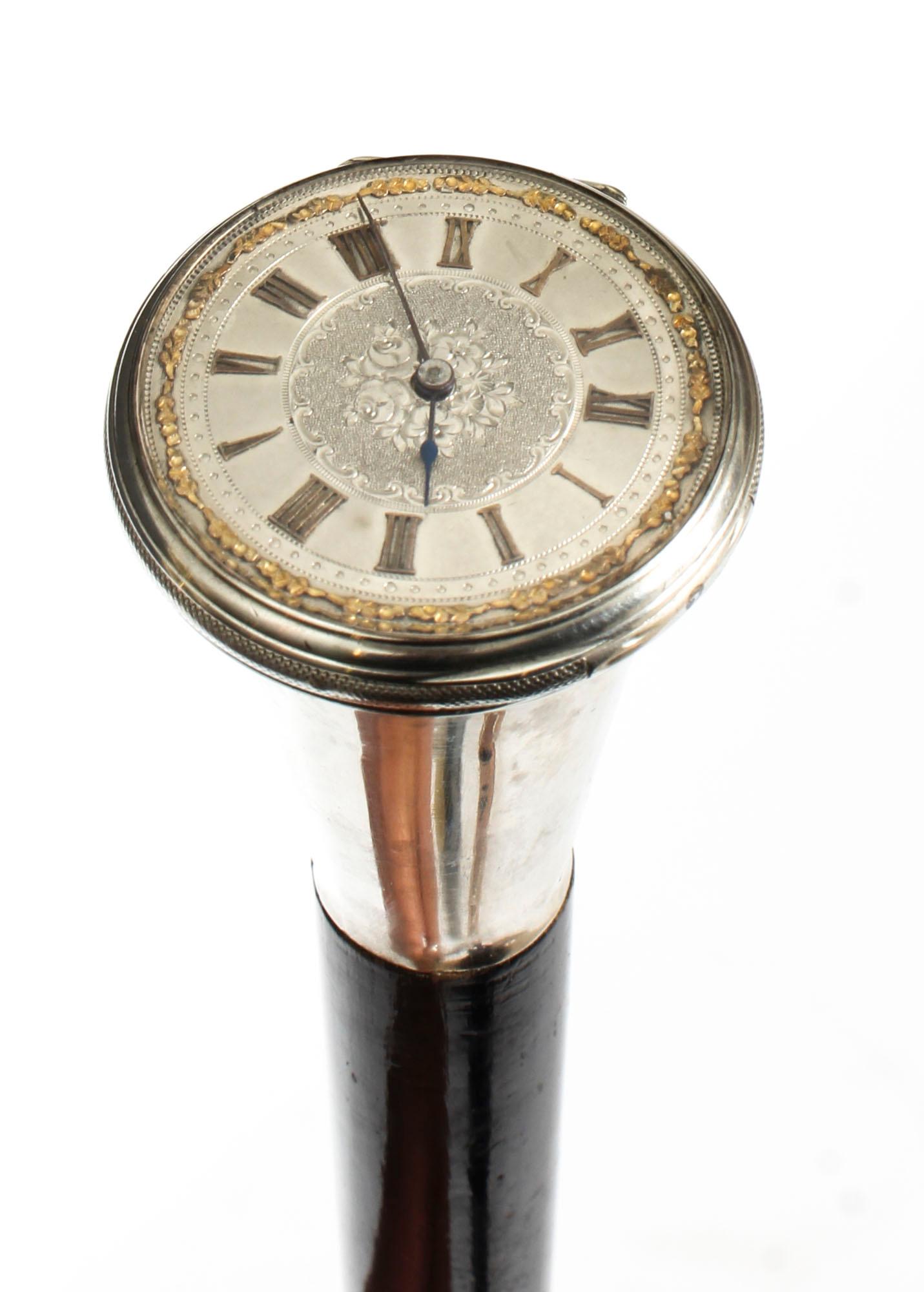 Antique French Silver and Ebonized Watch Opera Cane Walking Stick, 19th Century 4