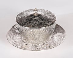 Antique French Silver Engraved & Cut Crystal Butter Dish 19th Century