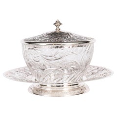 Antique French Silver Engraved & Cut Crystal Butter Dish 19th Century