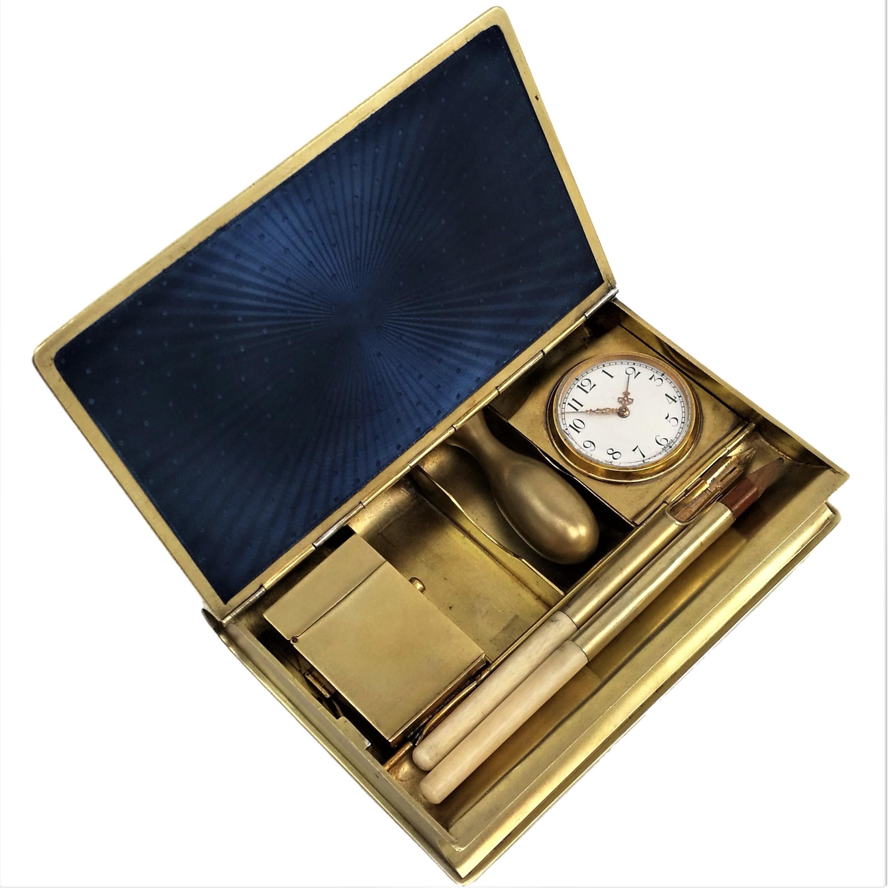 Antique French Silver Gilt & Enamel Writing Desk Set c1890 Pen Pencil Clock Seal In Good Condition In London, GB