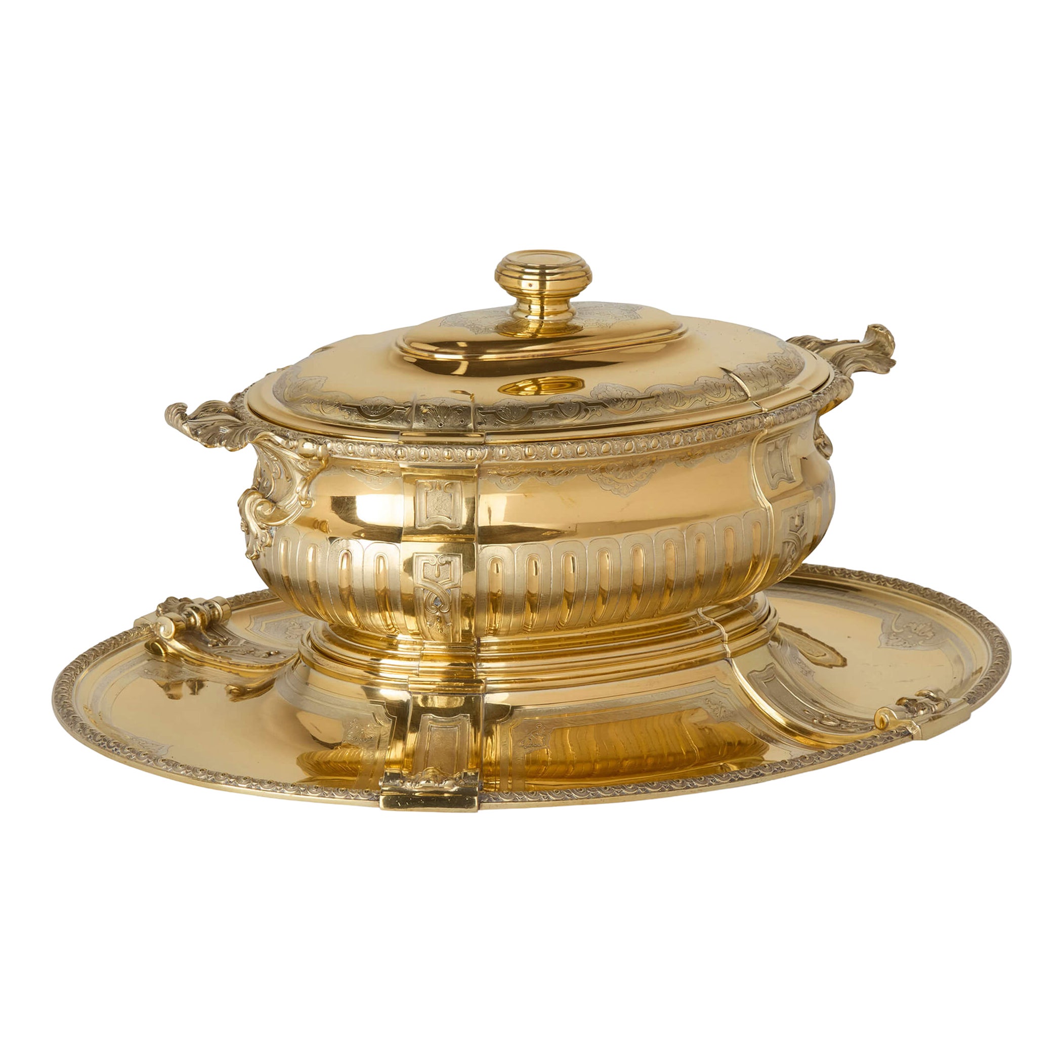 Antique French Silver Gilt Engraved Sureen Cover Stand Puiforcat
