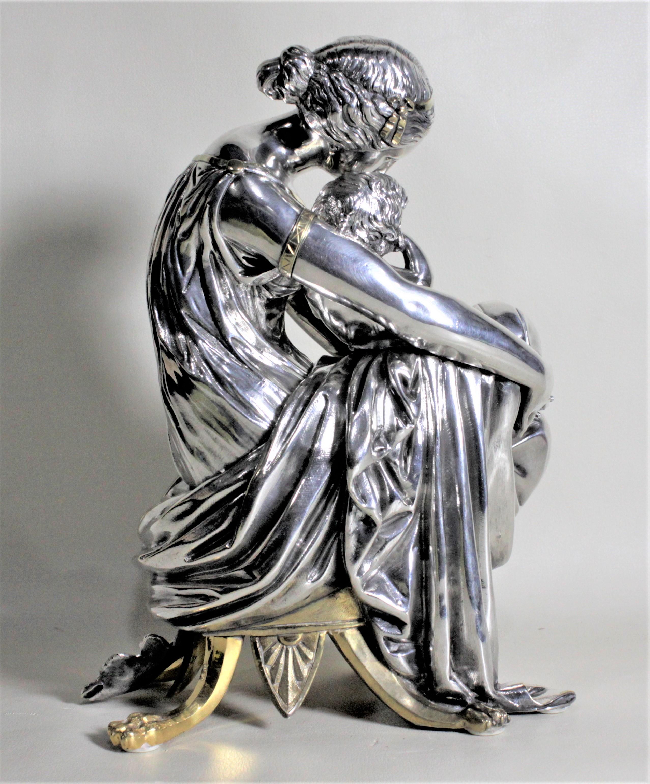 Victorian Antique French Silver & Gilt Finished Bronze Sculpture of a Seated Mother & Baby For Sale