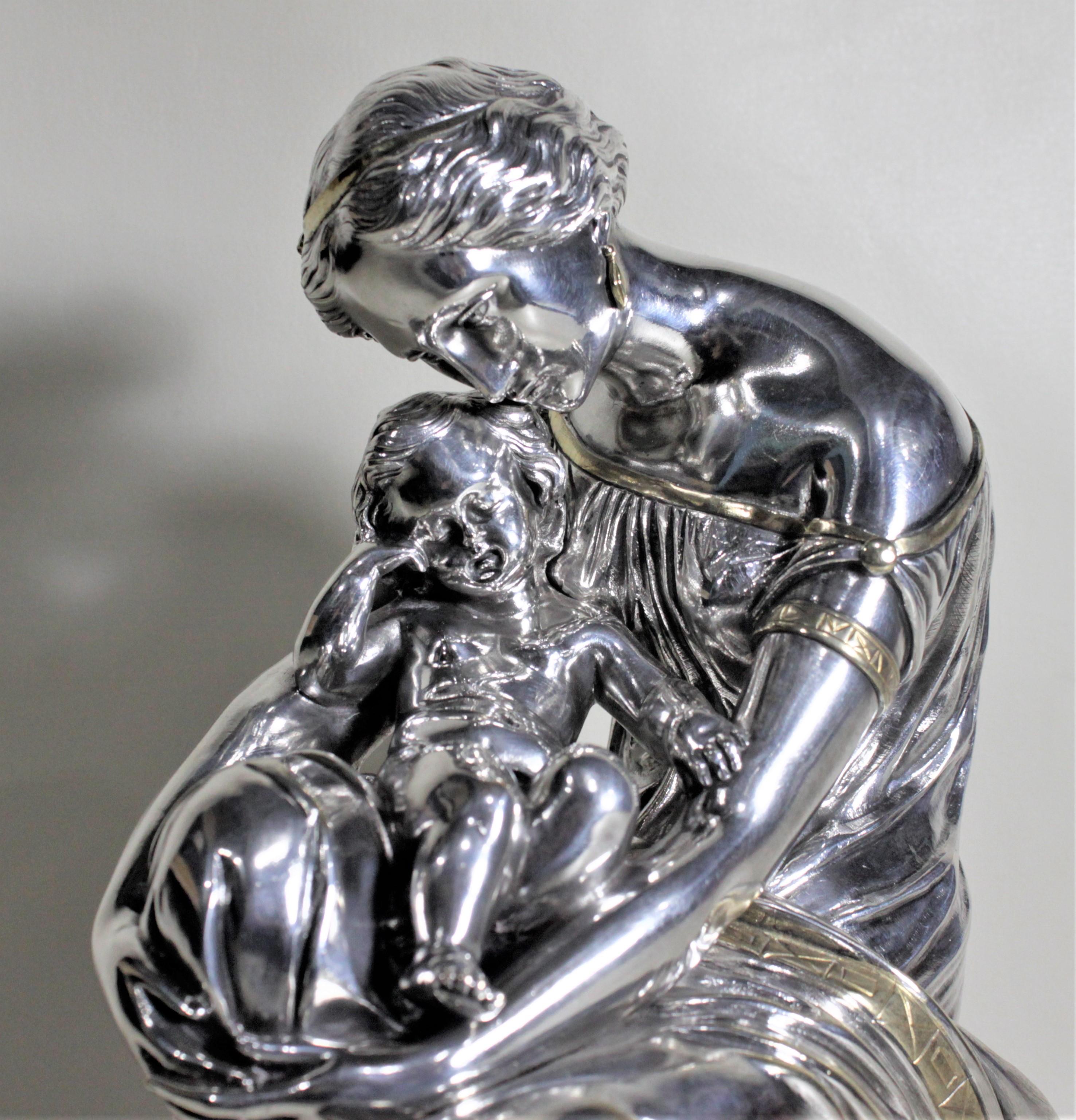 Antique French Silver & Gilt Finished Bronze Sculpture of a Seated Mother & Baby For Sale 3