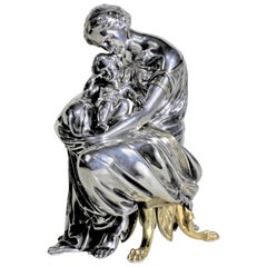 Antique French Silver & Gilt Finished Bronze Sculpture of a Seated Mother & Baby