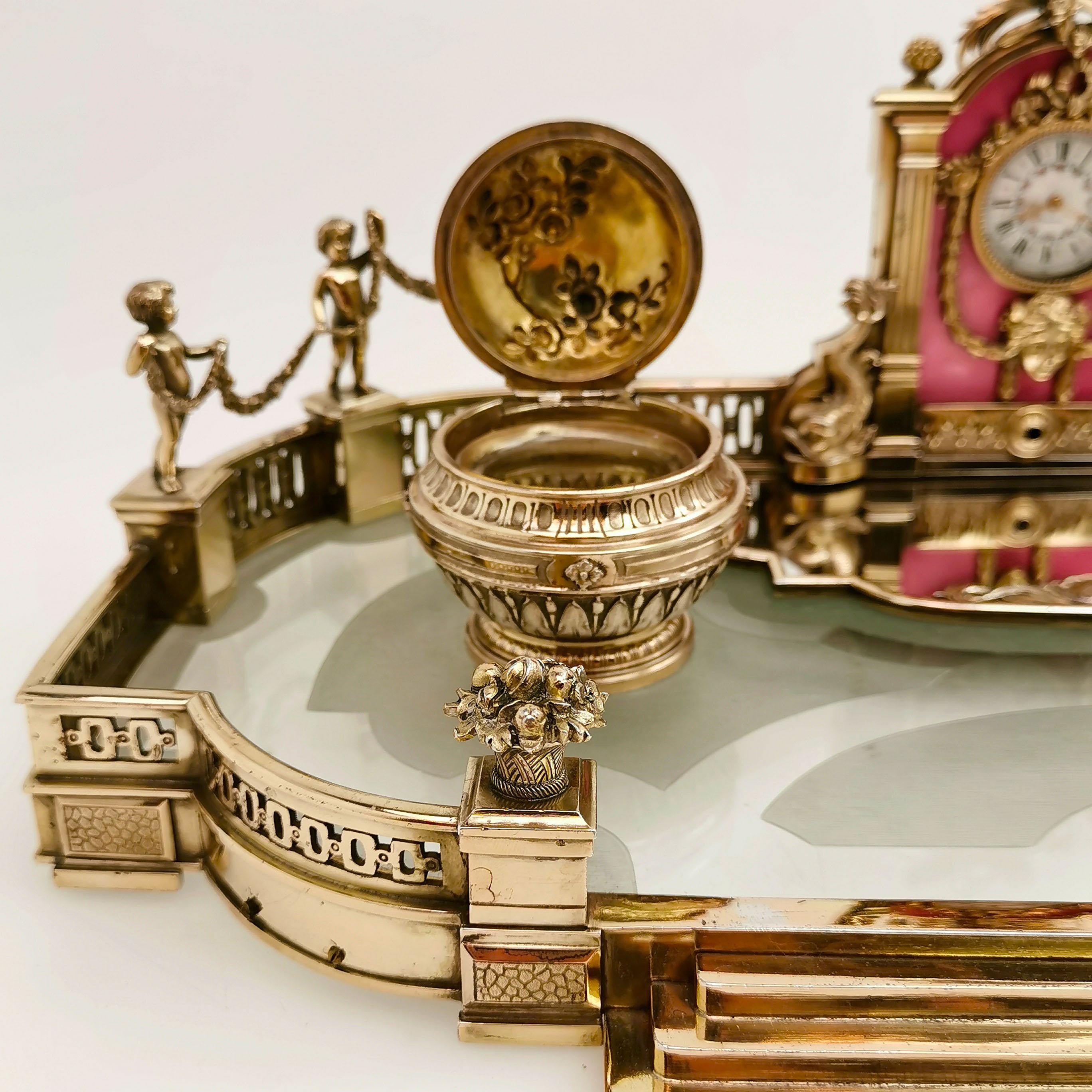 Antique French Silver Gilt, Glass & Enamel Inkstand Clock, Paris, France c. 1880 7