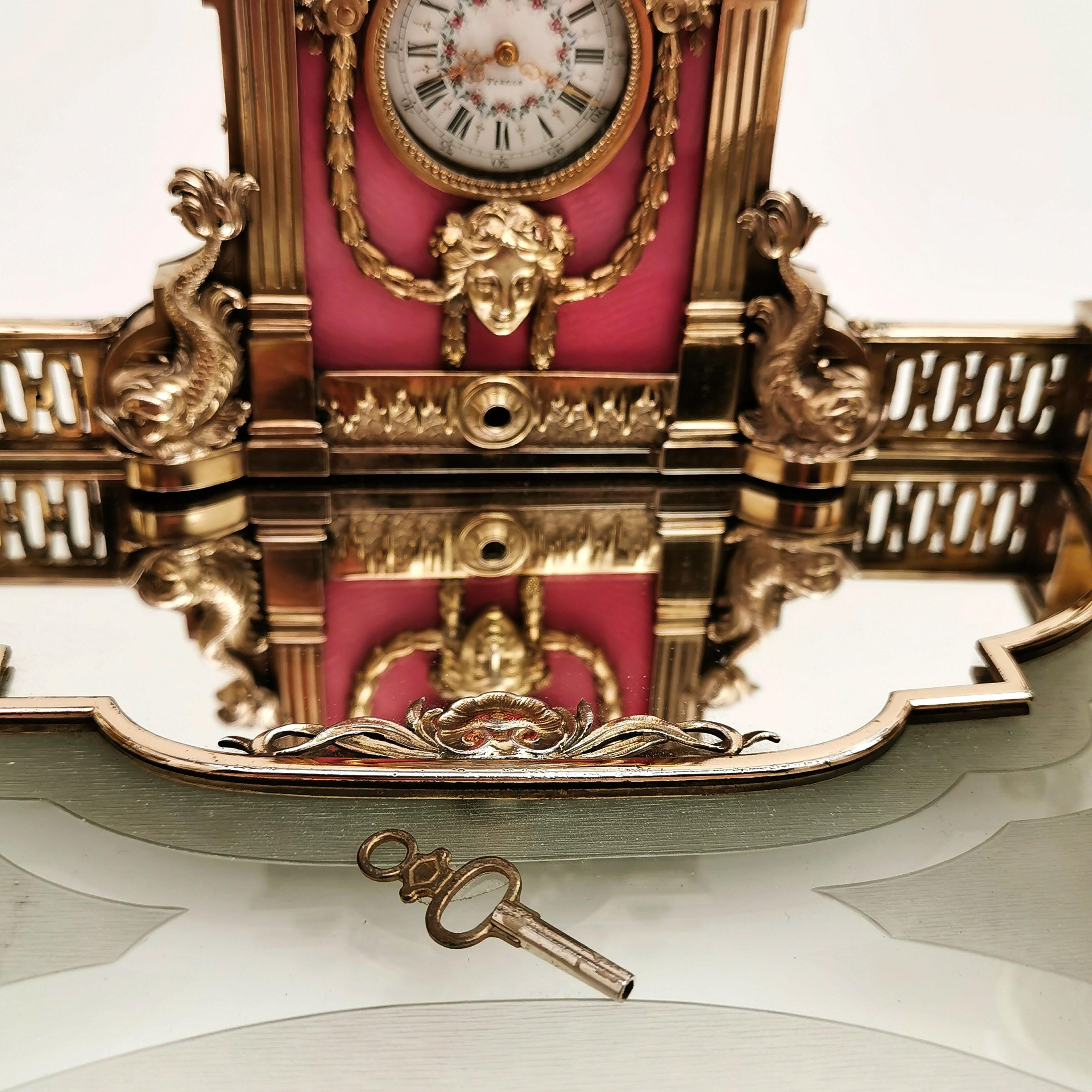 Antique French Silver Gilt, Glass & Enamel Inkstand Clock, Paris, France c. 1880 8