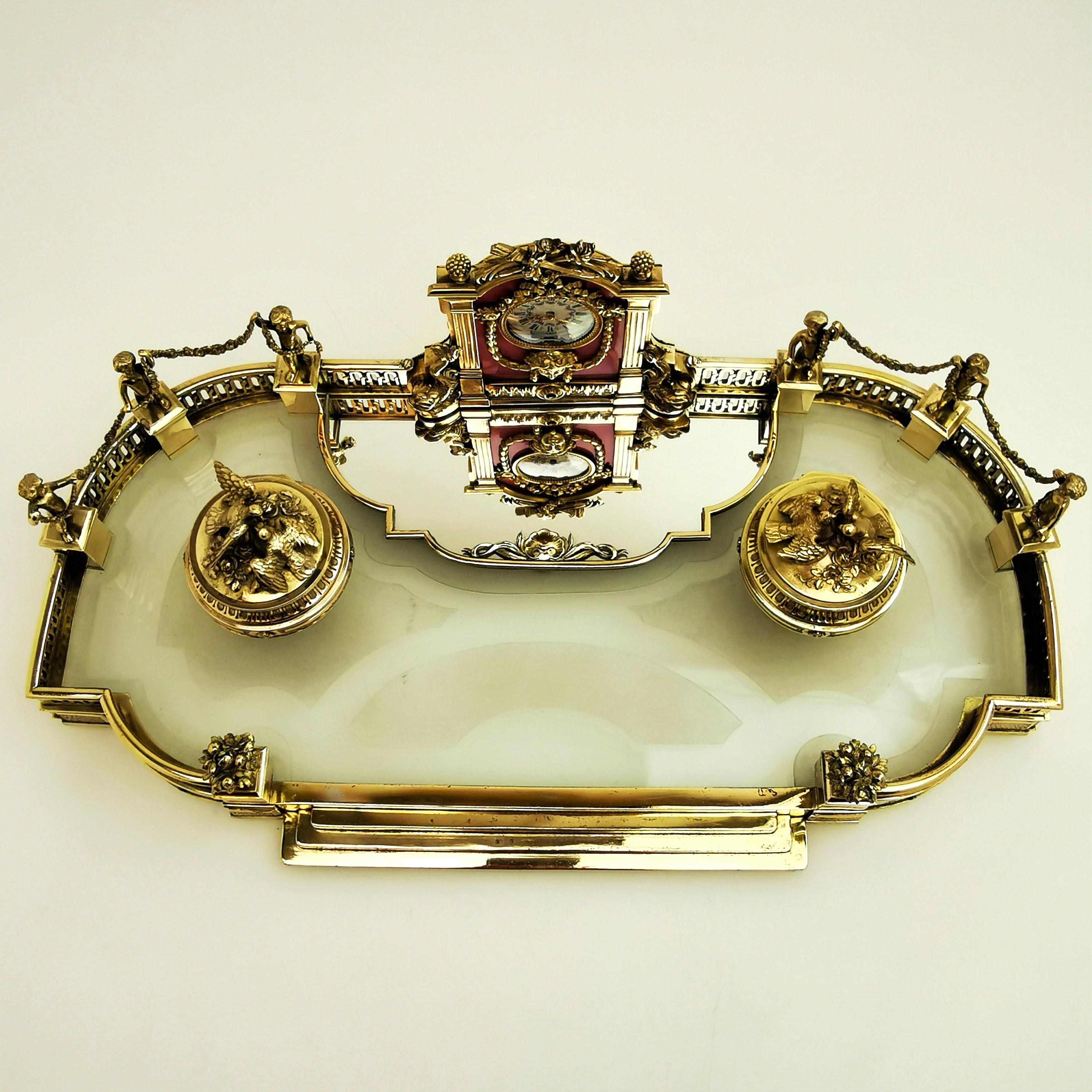 Antique French Silver Gilt, Glass & Enamel Inkstand Clock, Paris, France c. 1880 9