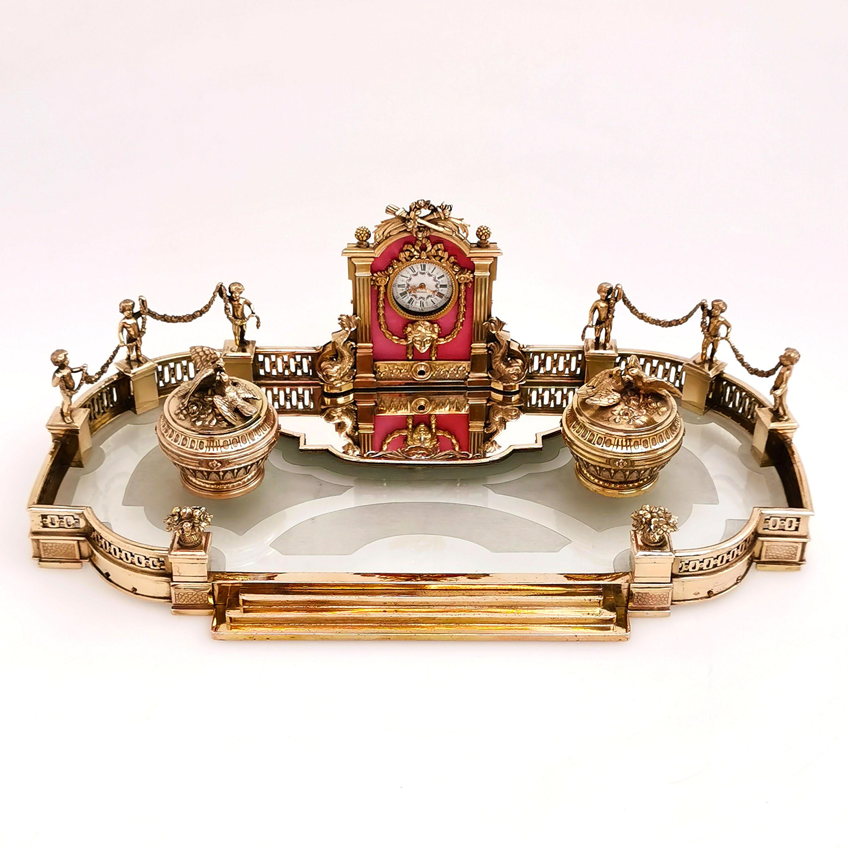 Antique French Silver Gilt, Glass & Enamel Inkstand Clock, Paris, France c. 1880 In Good Condition In London, GB