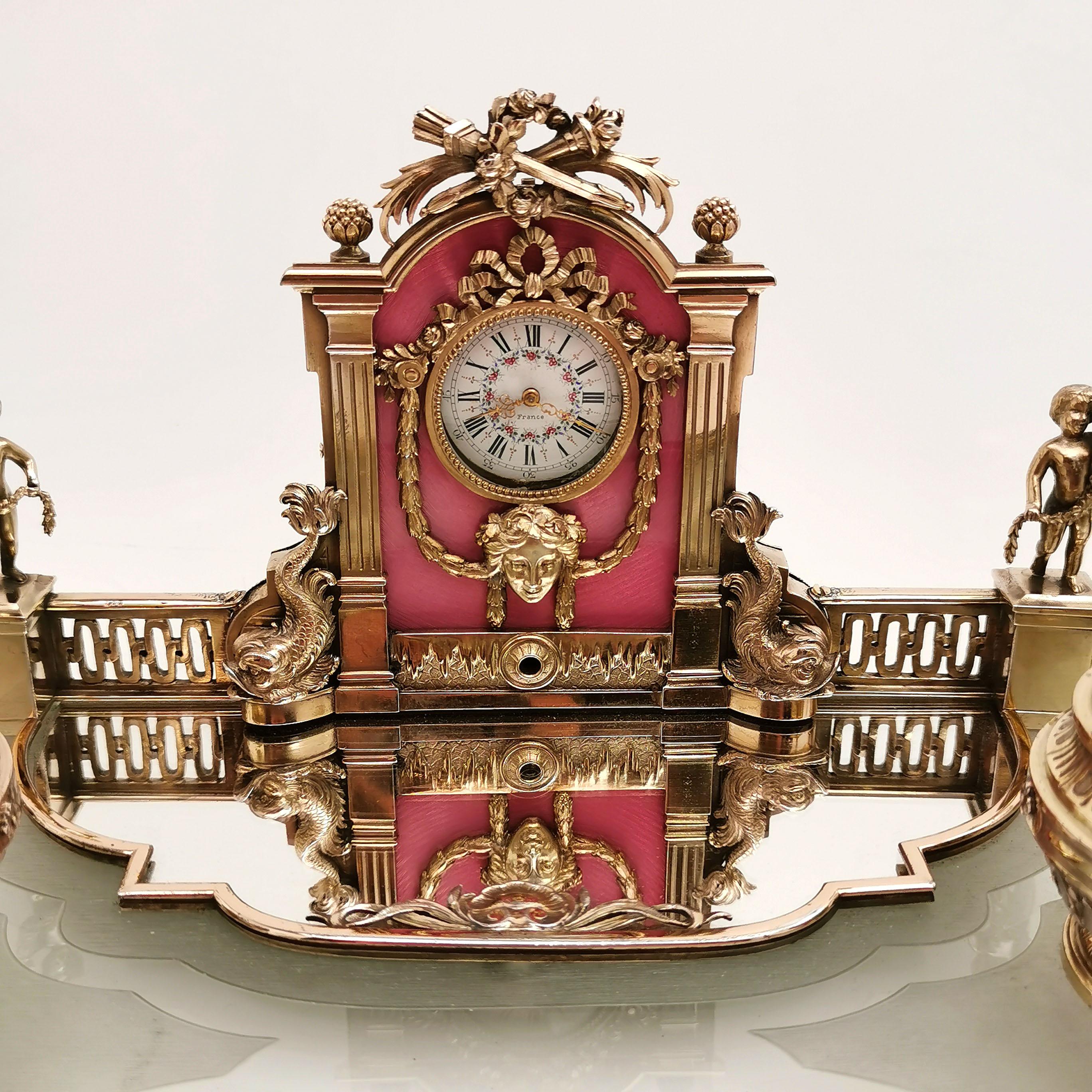 20th Century Antique French Silver Gilt, Glass & Enamel Inkstand Clock, Paris, France c. 1880