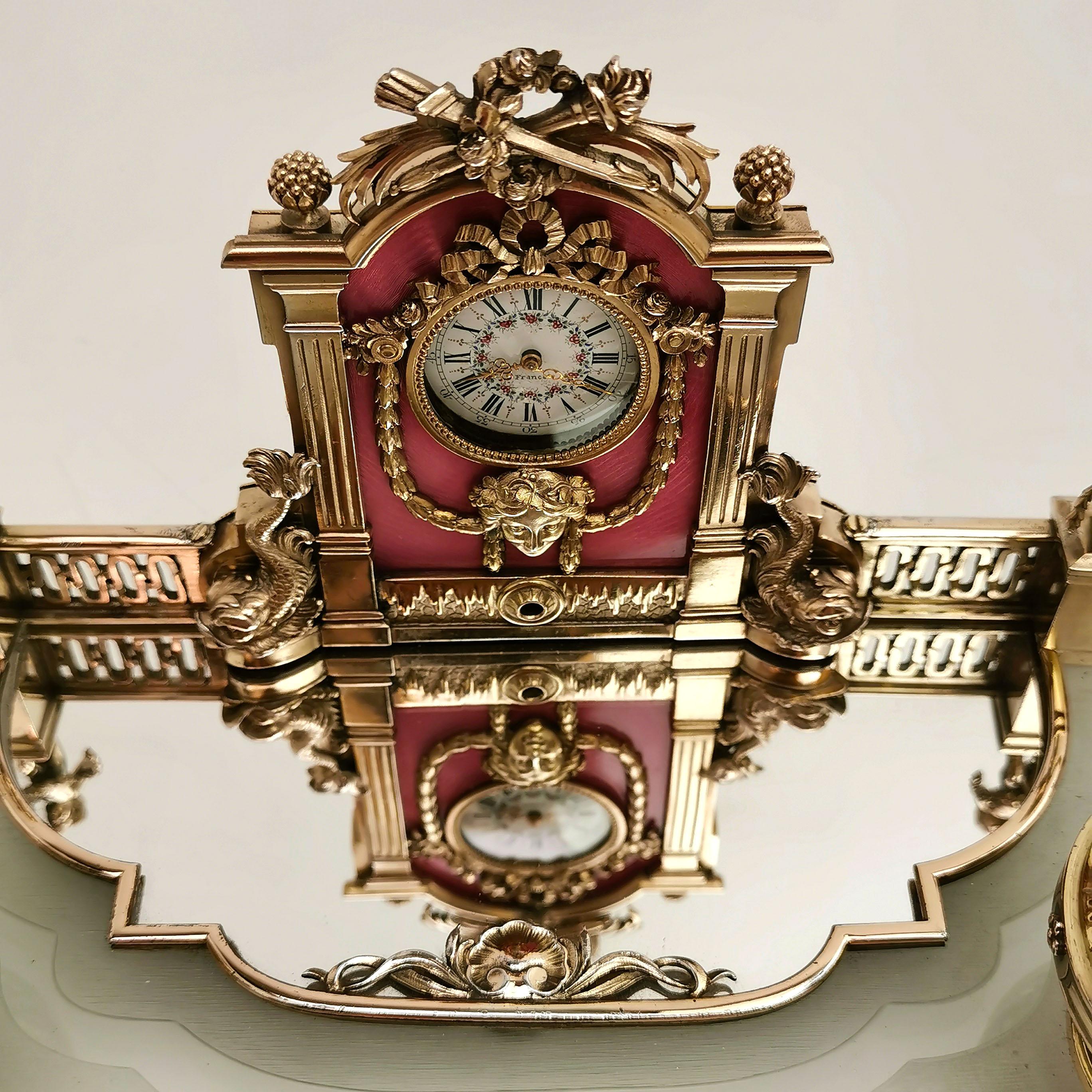 Antique French Silver Gilt, Glass & Enamel Inkstand Clock, Paris, France c. 1880 1
