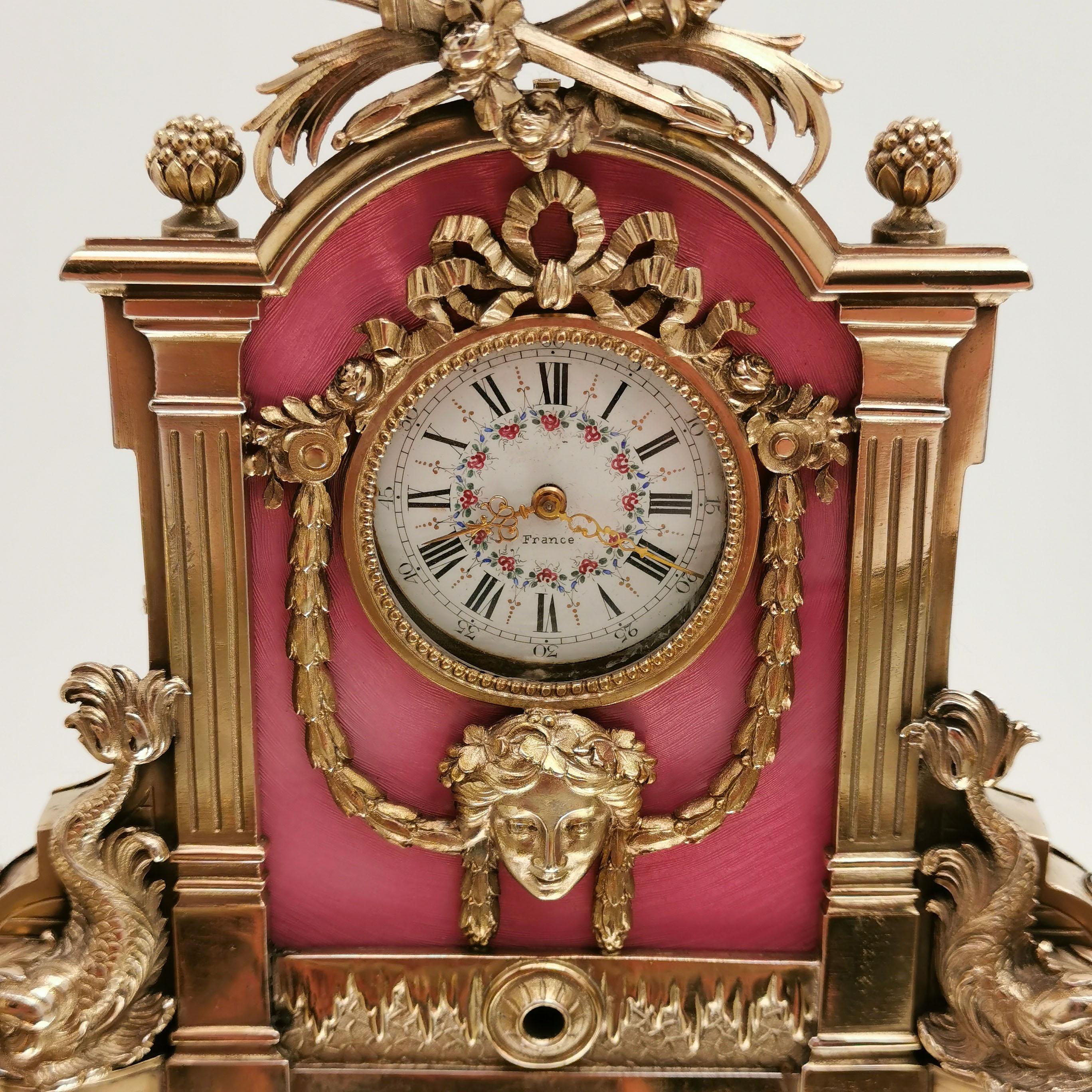 Antique French Silver Gilt, Glass & Enamel Inkstand Clock, Paris, France c. 1880 2